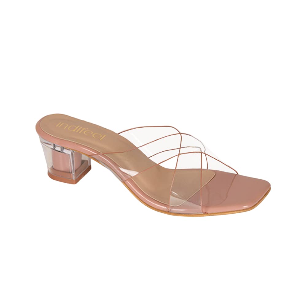 Indifeet Transparent Cross Strap Block Heels - Peach - Size 8