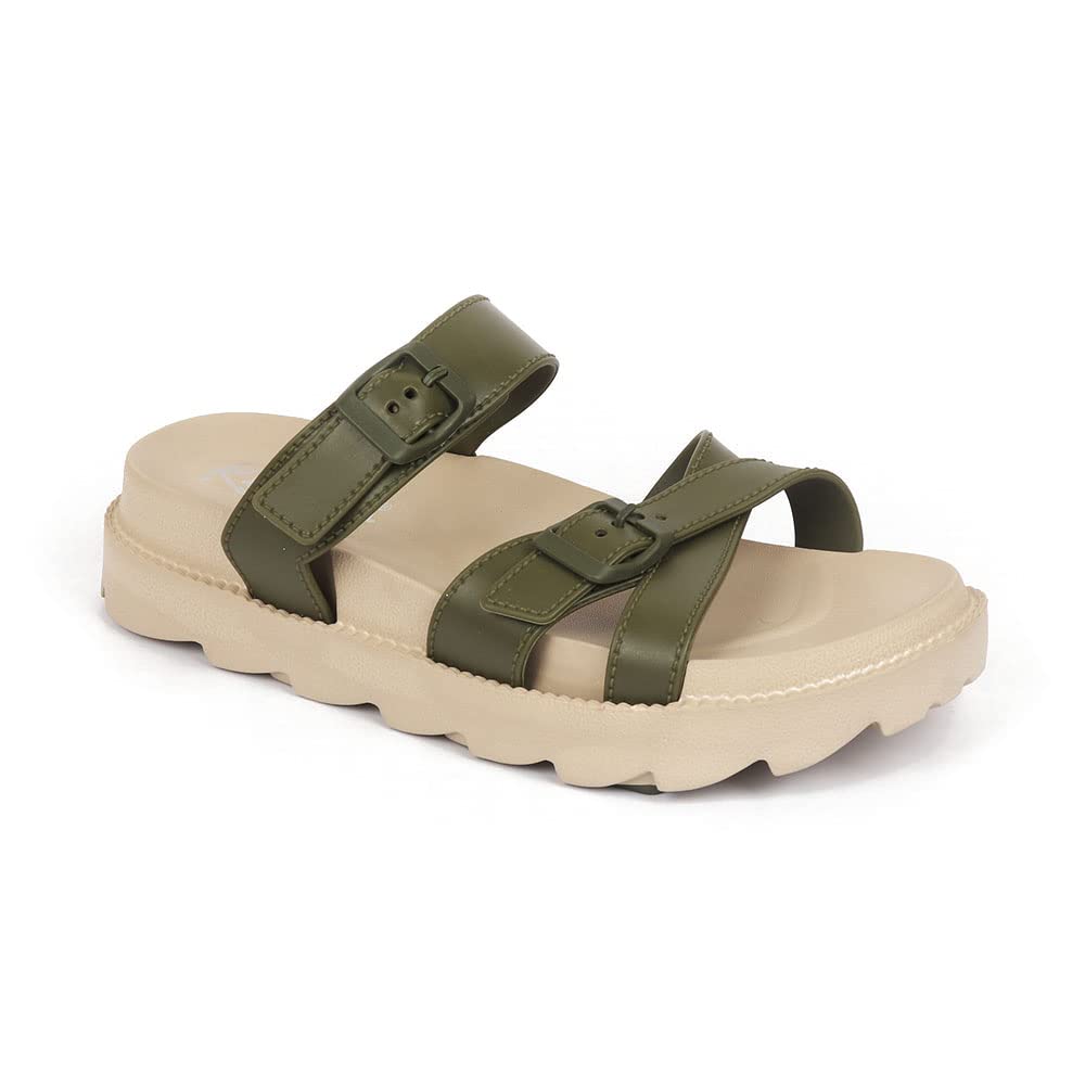 Indifeet Open Toe Buckle Sliders for Women - Green - Image 6
