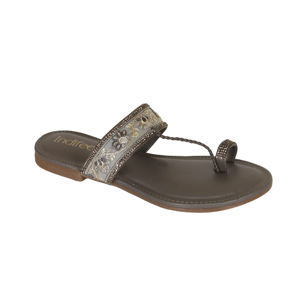 Indifeet Kolhapuri Flat Chappals for Women - Grey - Size 5
