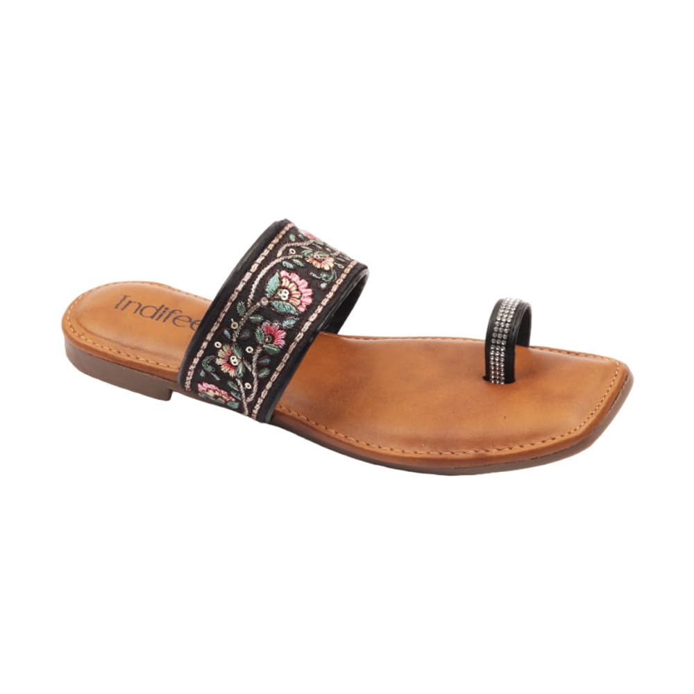 Indifeet Ethnic Toe Ring Flats for Women - Black - Size 4