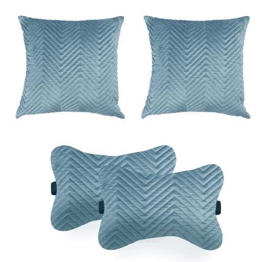 Car Cushion Pillows for Neck, Back and Seat Rest, Pack of 4, Quilted Blue Velvet Material, 2 PCs of Bone Neck Rest Size: 6x10 Inches, 2 Pcs of Car Cushion Size: 12x12 Inches by Lushomes - HalfPe