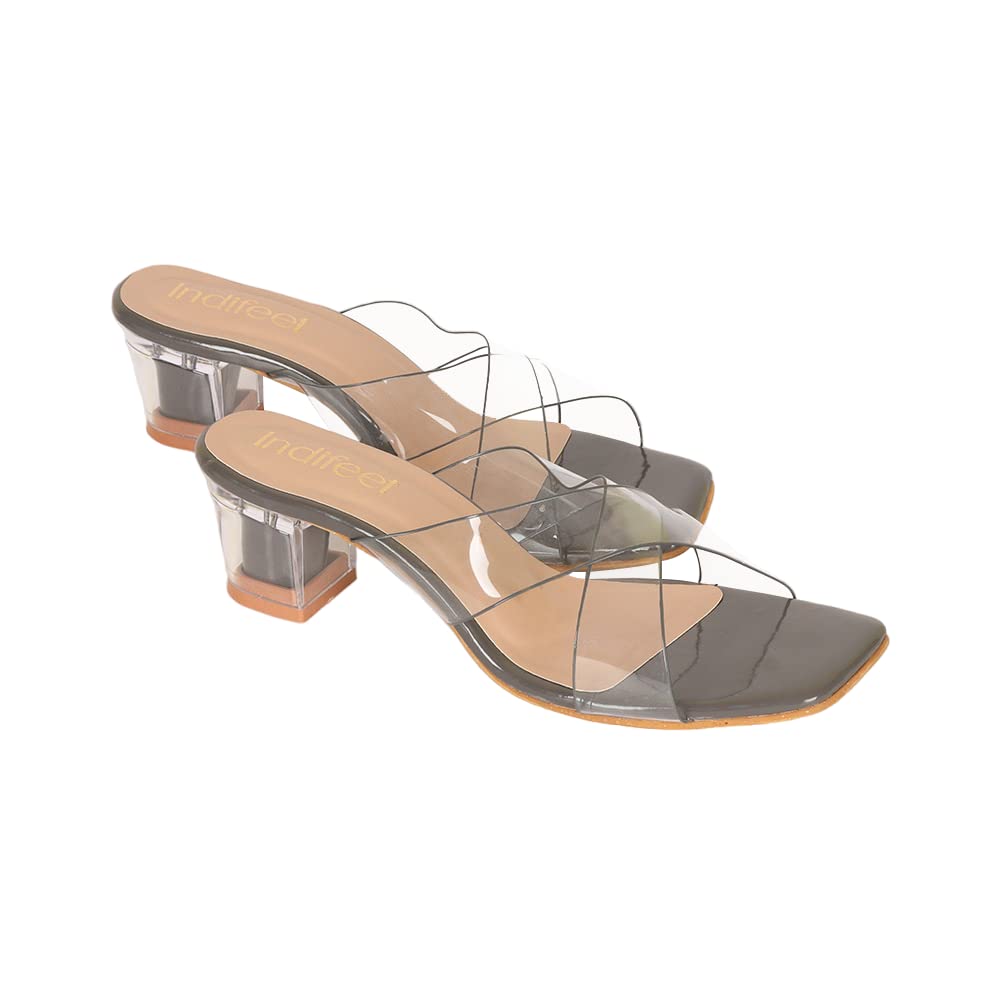 Indifeet Transparent Cross Strap Block Heels - Grey - View 5