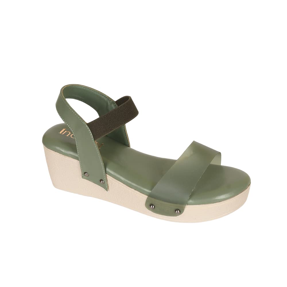Indifeet Ankle Strap Platform Wedge Heel Sandals - Green - Size 8