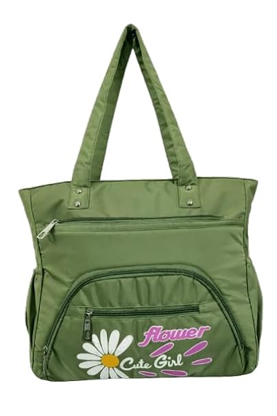 Buddy Cares Women's Tote Bag – Stylish Shopping & Shoulder Bag with Flower "Cute Girl" Print – Olive