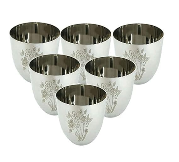 SHINI LIFESTYLE Stainless Steel Floral Design, Heavy Gauge Glass Set Water/Juice Glass (350 ml, Steel, Silver) (6) - HalfPe