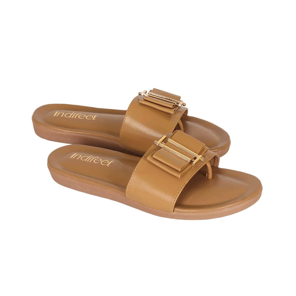 Indifeet Flat Buckle Sliders for Women - Mustard - View 5