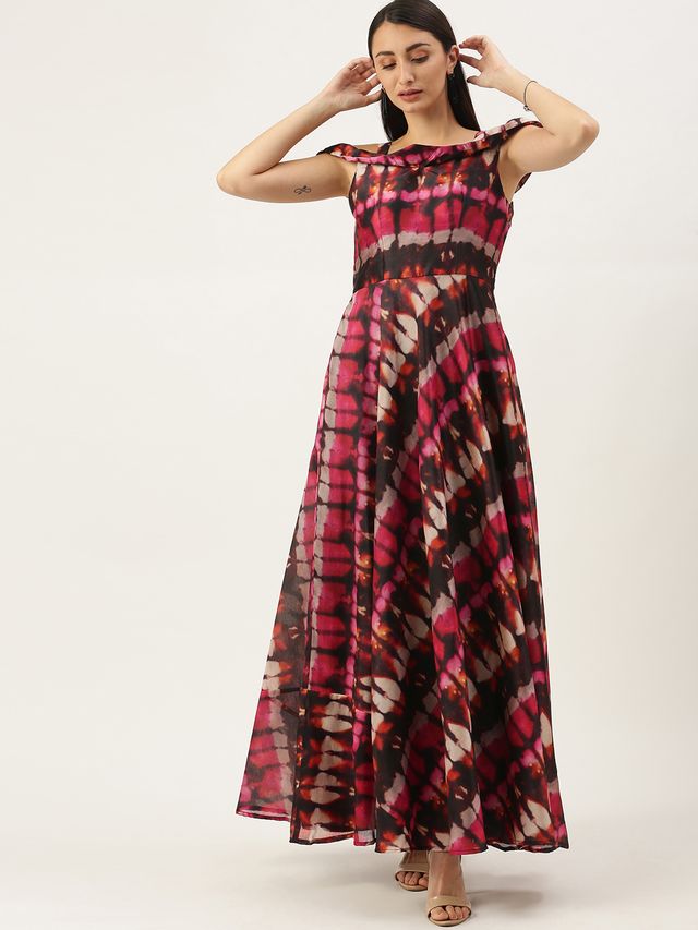 Bollywood Vogue Ready To Wear Multicolored Printed Off Shoulder Style Dress
