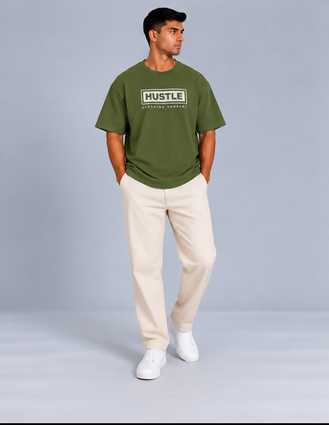 HUSTLE Men's Crew Neck Oversized Tees - Dark Olive Green