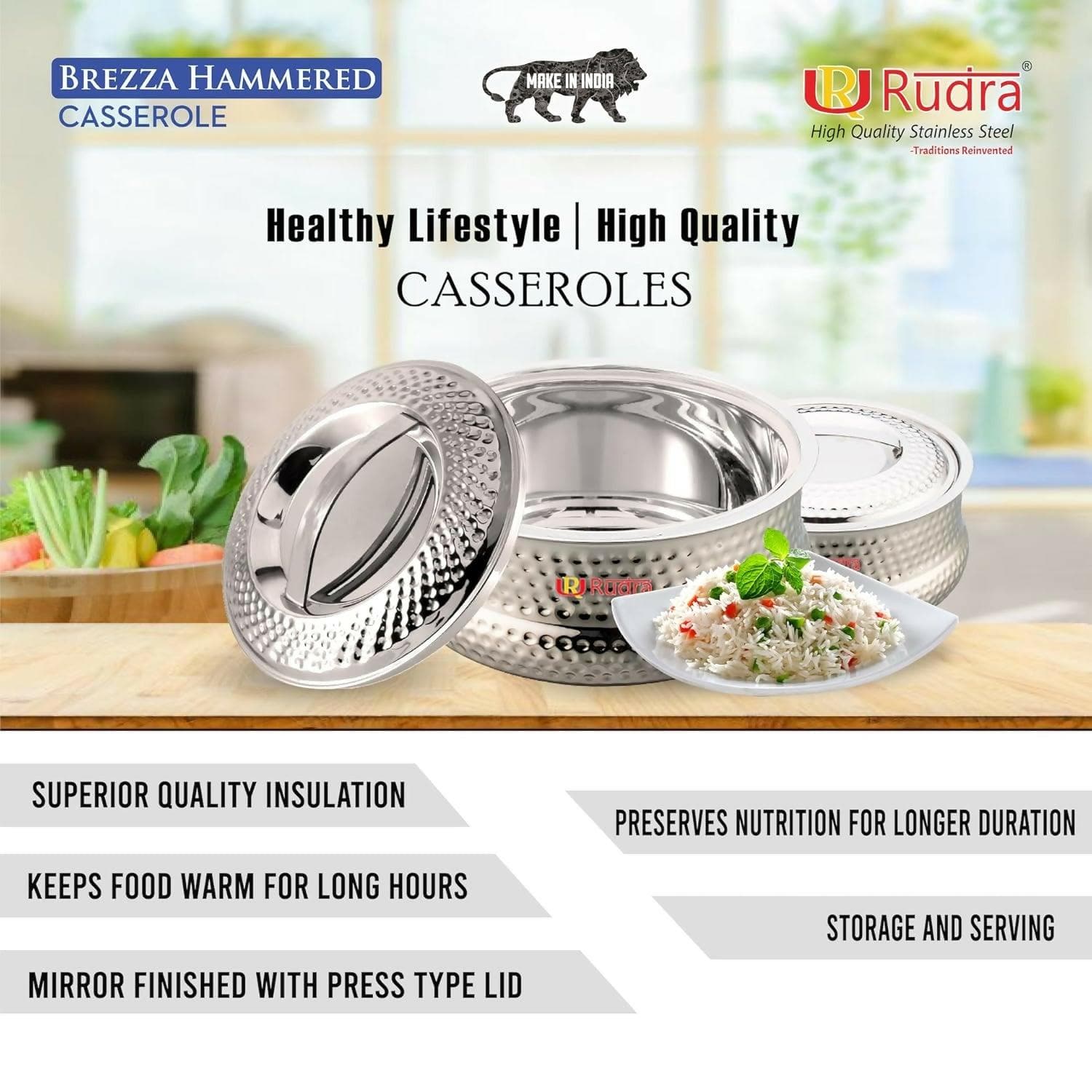 Rudra Brezza Hammered Double Walled Stainless Steel Casserole - HalfPe