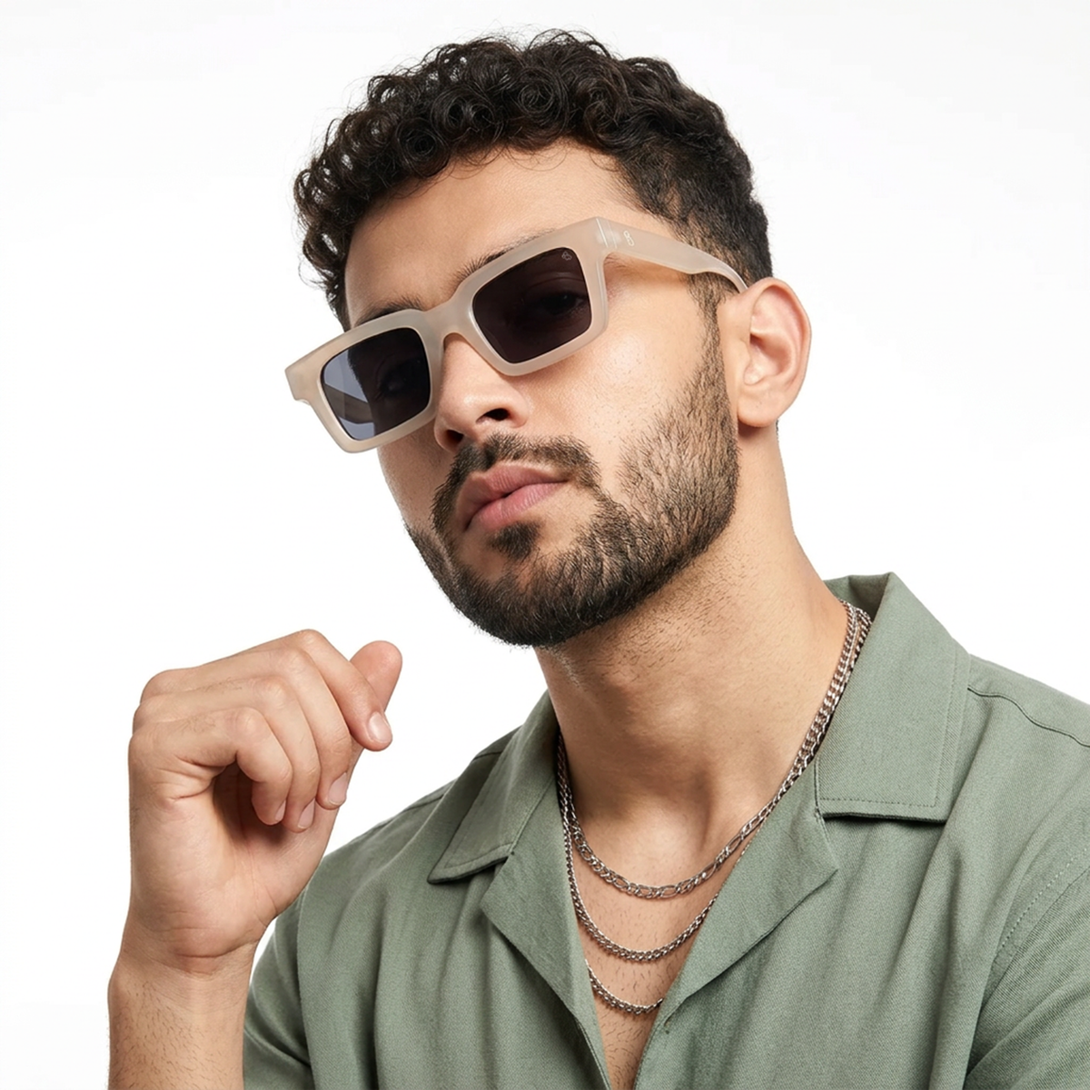 Eyejack Cream Square Sunglasses for Men and Women - worn by a male model (image 1)