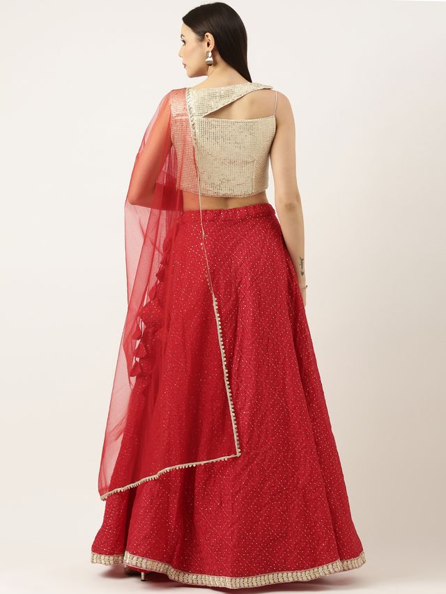 Bollywood Vogue Ready To Wear Silver N Dark Red Georgette Sequins Embroidered Lehenga