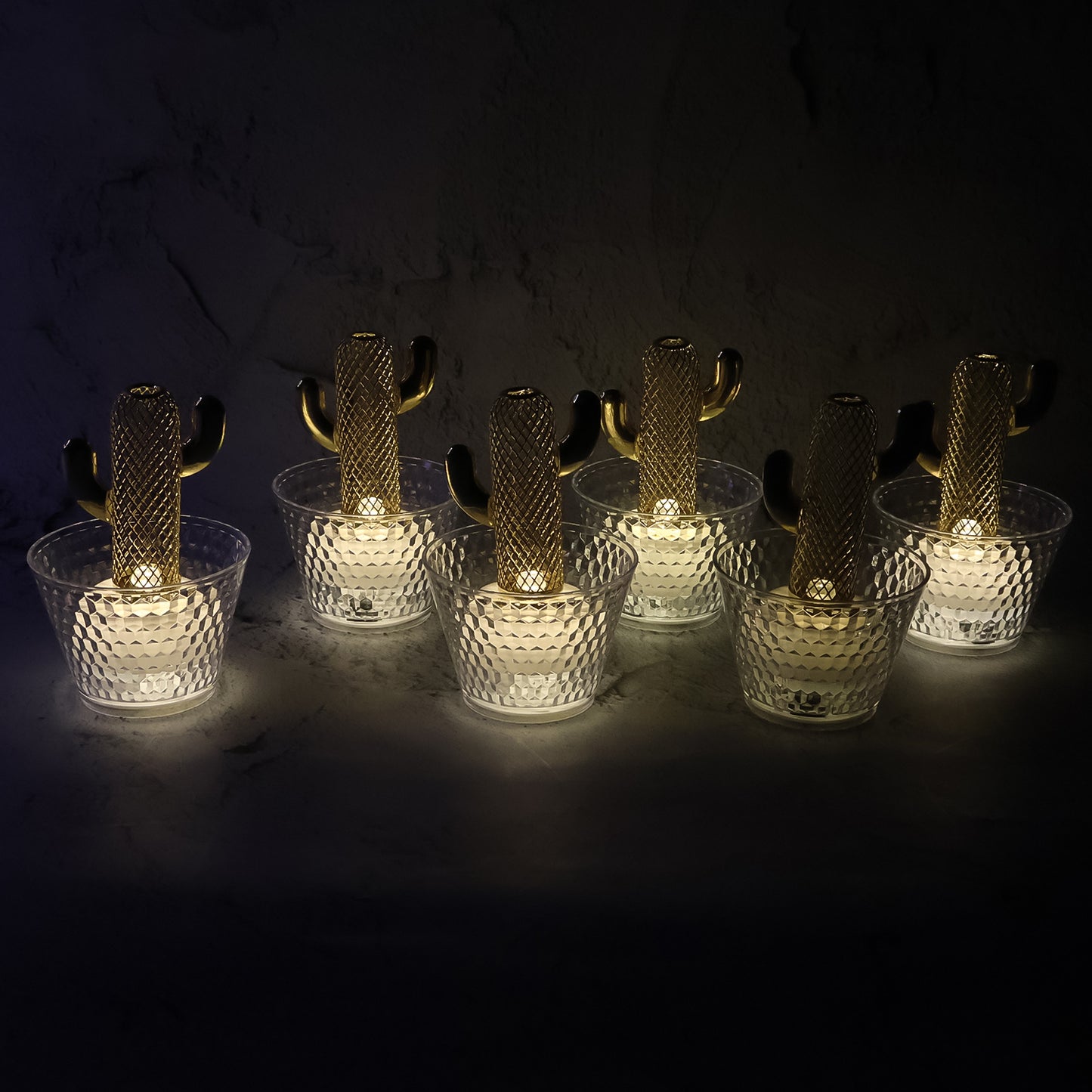 Cactus Design LED Flameless Decorative Candles with Crystal Effect Cup Holder – Battery Operated Warm White Glow Lights for Home(6 Pc)