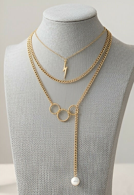 Trendy Gold-Tone Layered Necklace Set with Triple Ring Detail & Lightning Bolt Pendant