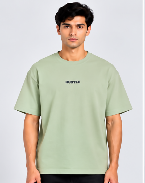 HUSTLE Essentials Men's Crew Neck Oversized T-Shirt – Light Sage Green(Oversized fit)