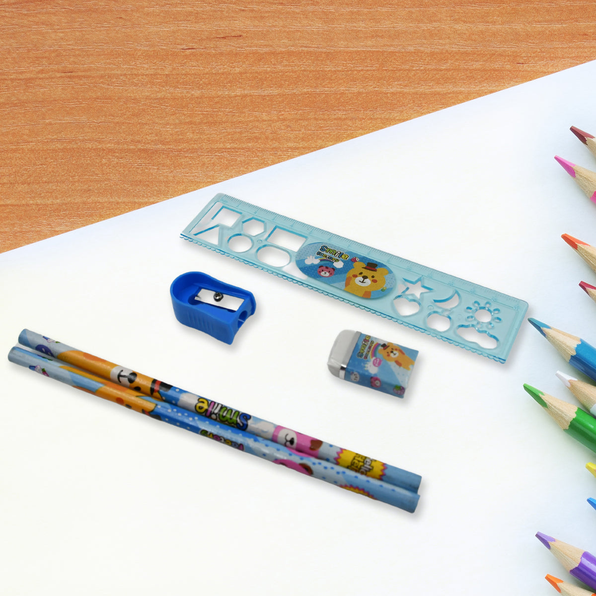 Stationery Kit For Kids - Stationery Set Includes Wooden Pencil Sharpener Pencil And Eraser Set Birthday Return Gift For Kids Boys Girls 2 Pencil 1 Scale 1 Notebook1 Sharpener 1 Eraser  With Zip Bag (6 Pcs Set)