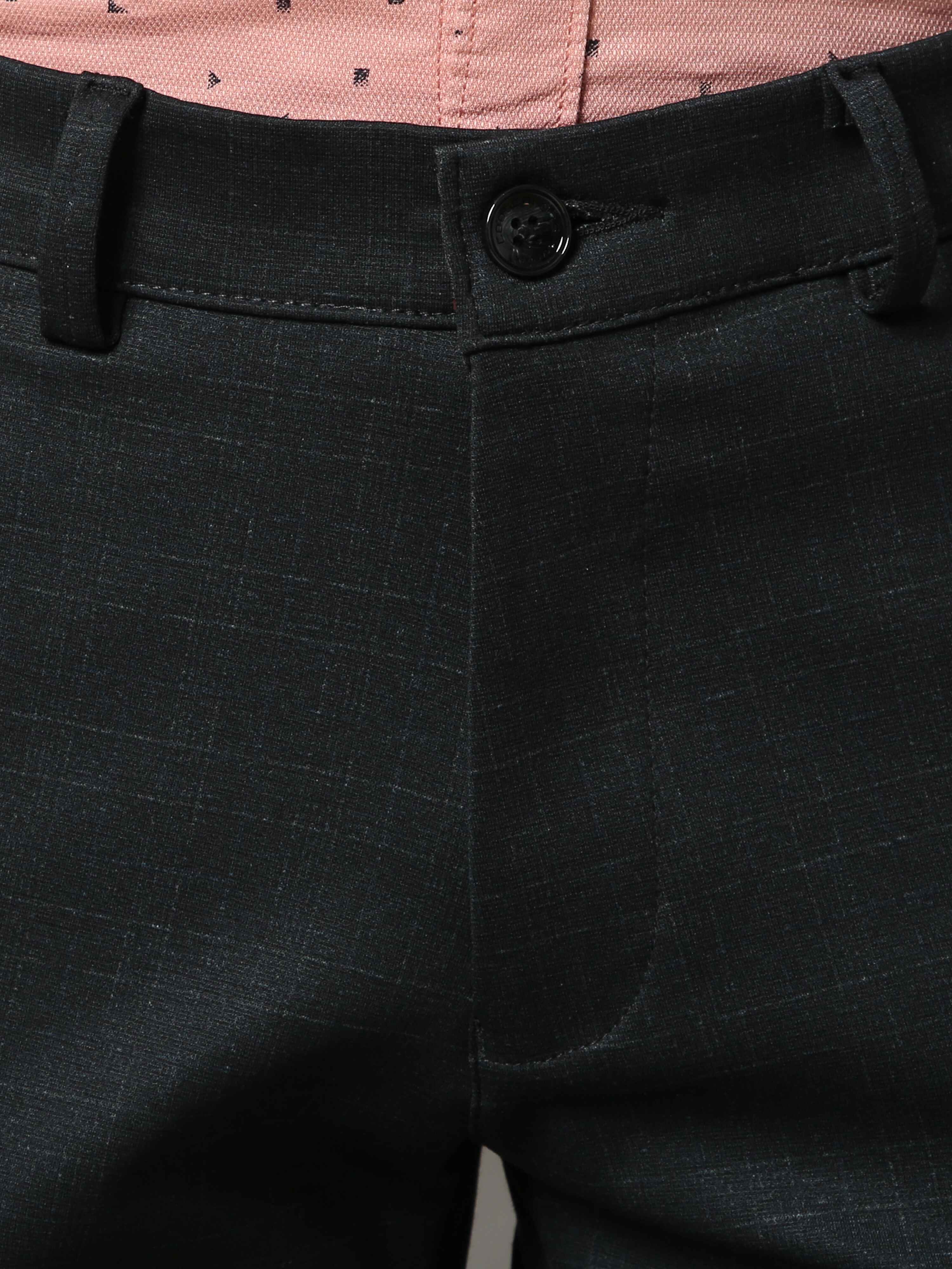 Men's Navy Narrow Fit Checks Lycra Casual Trouser