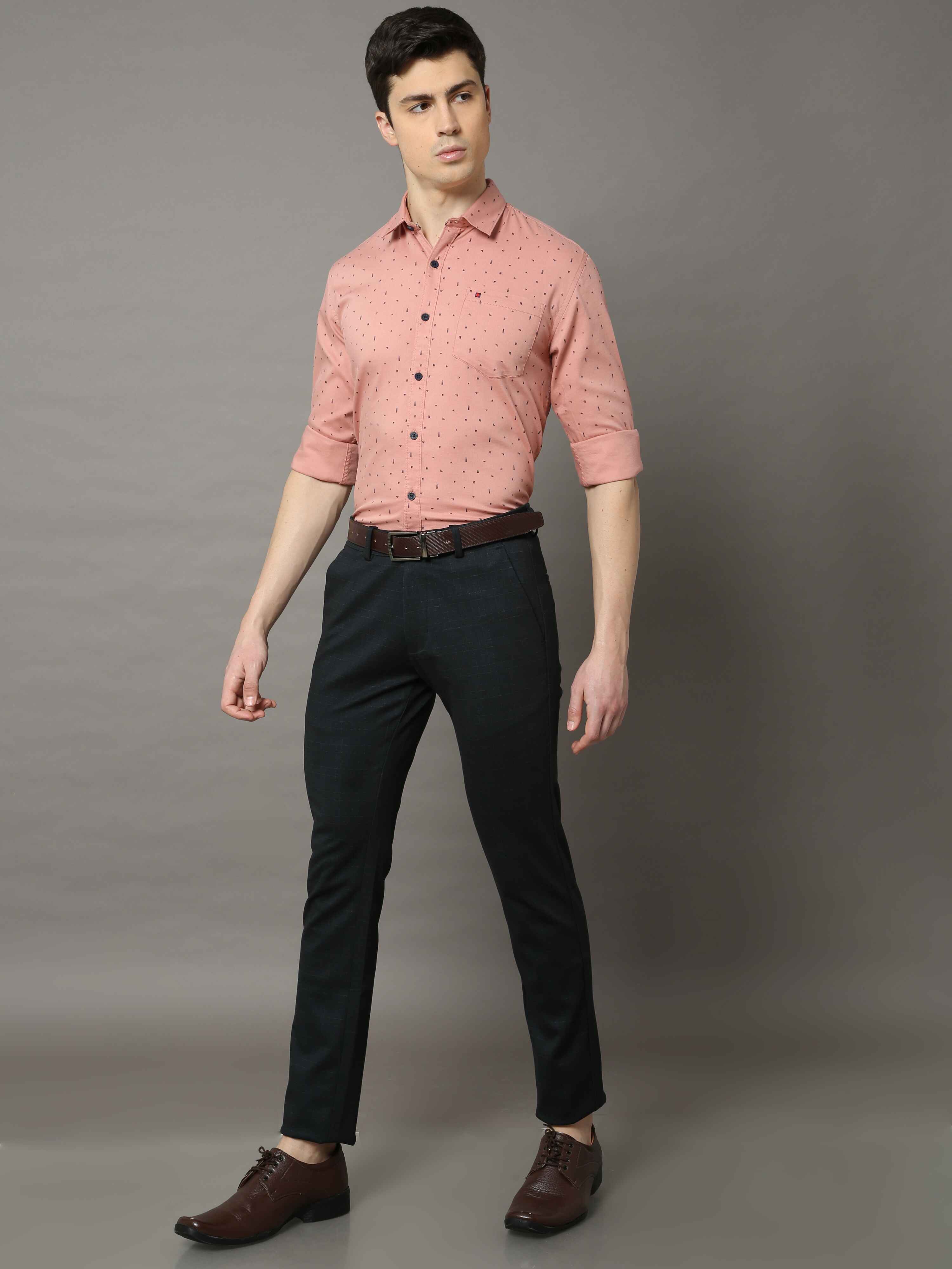 Men's Navy Narrow Fit Checks Lycra Casual Trouser