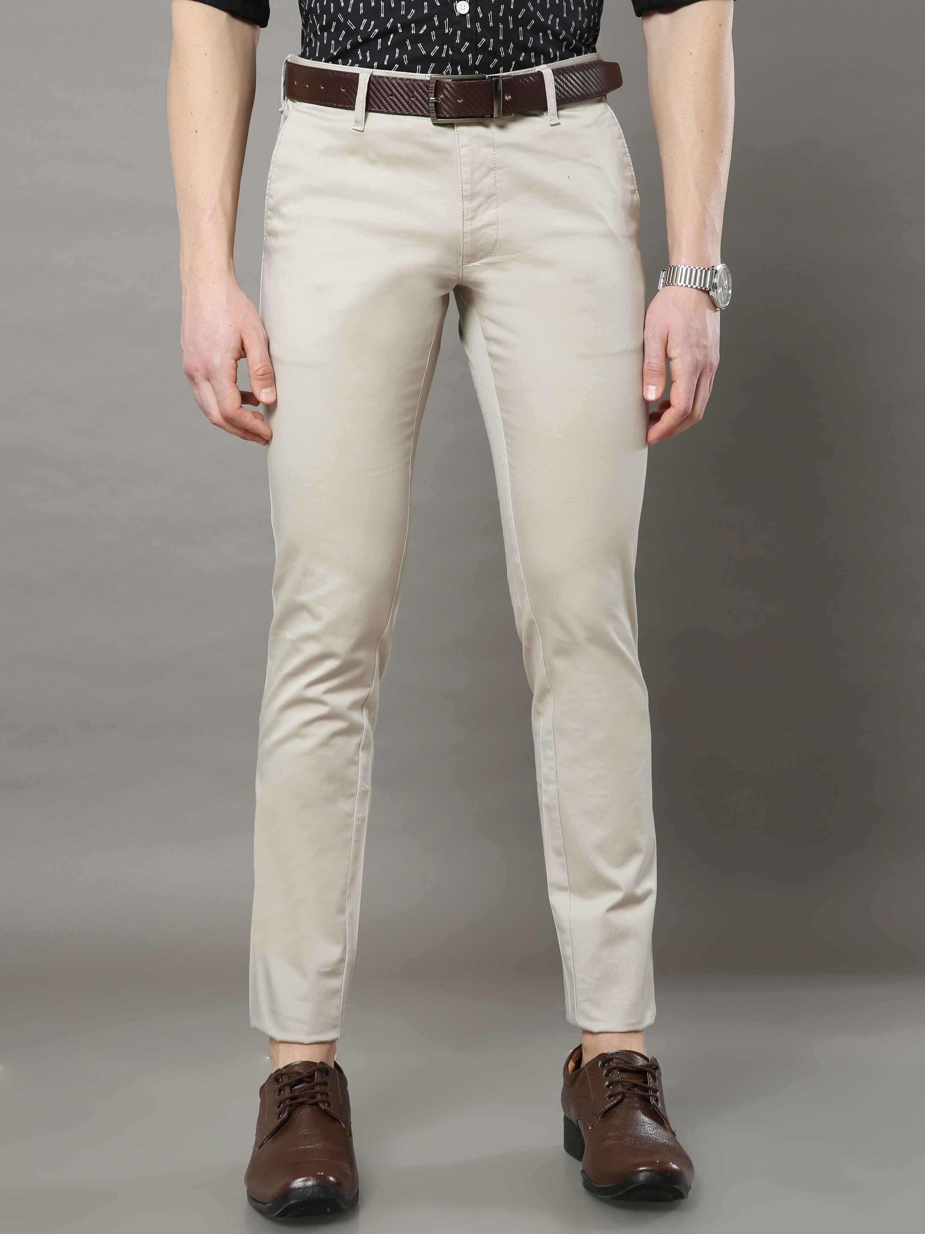 Men's Cream Narrow Fit Solid Casual Trouser