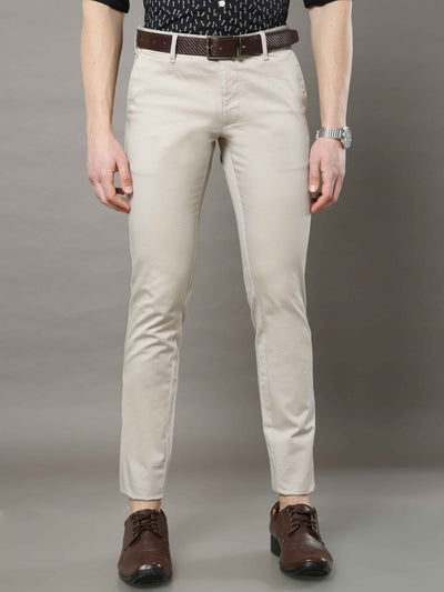 Men's Cream Narrow Fit Solid Lycra Casual Trouser