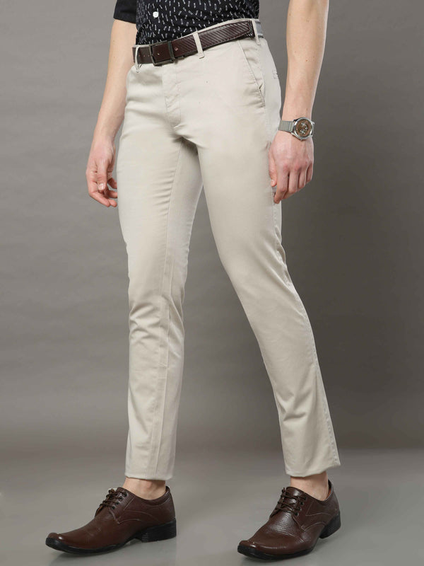 Men's Cream Narrow Fit Solid Lycra Casual Trouser