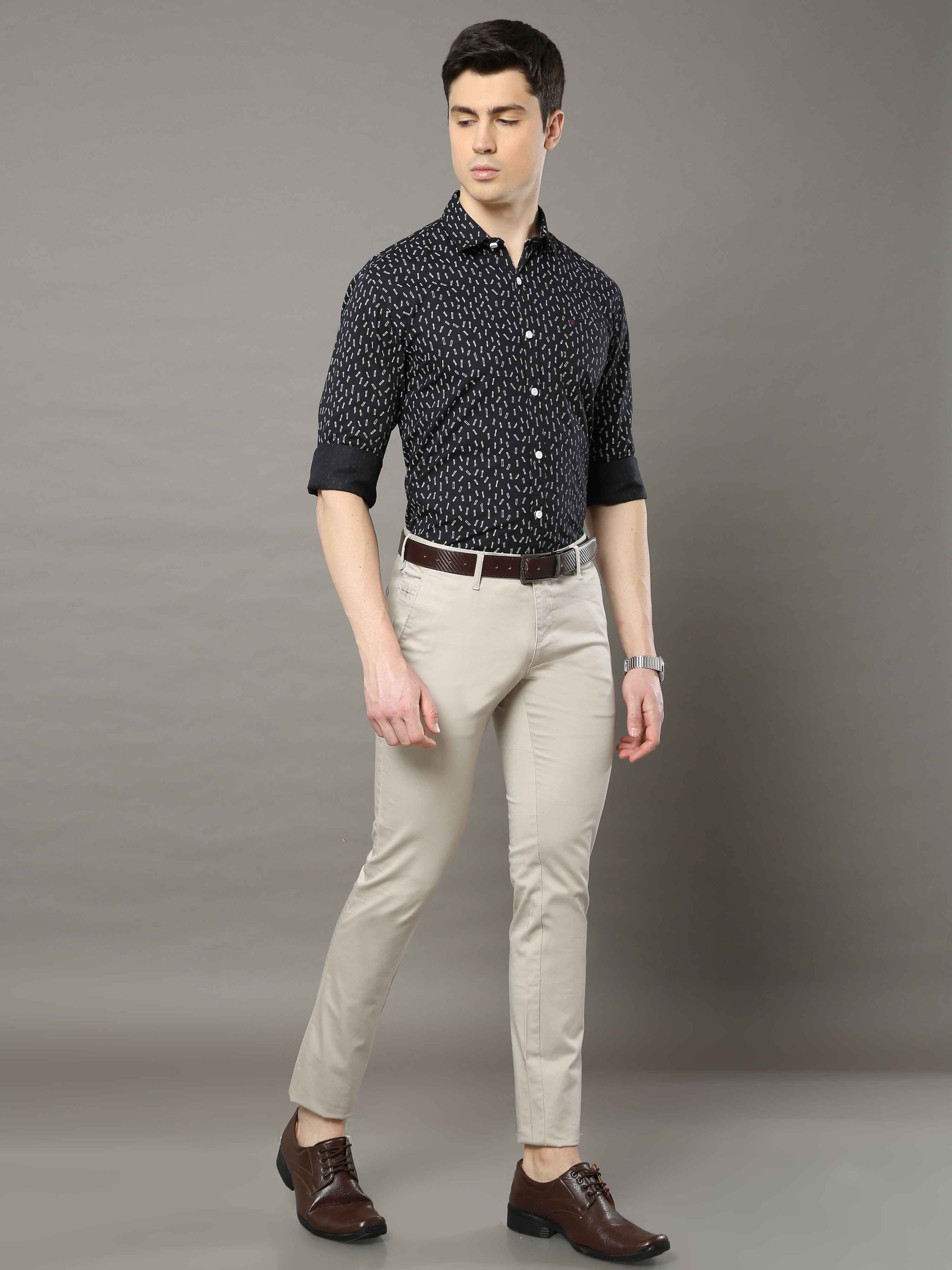 Men's Cream Narrow Fit Solid Lycra Casual Trouser