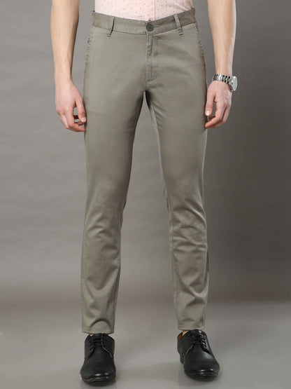 Men's Olive Narrow Fit Printed Casual Trousers