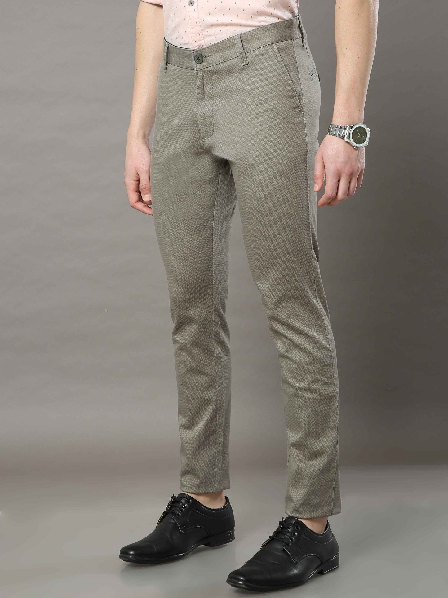 Men's Olive Narrow Fit Printed Casual Trousers
