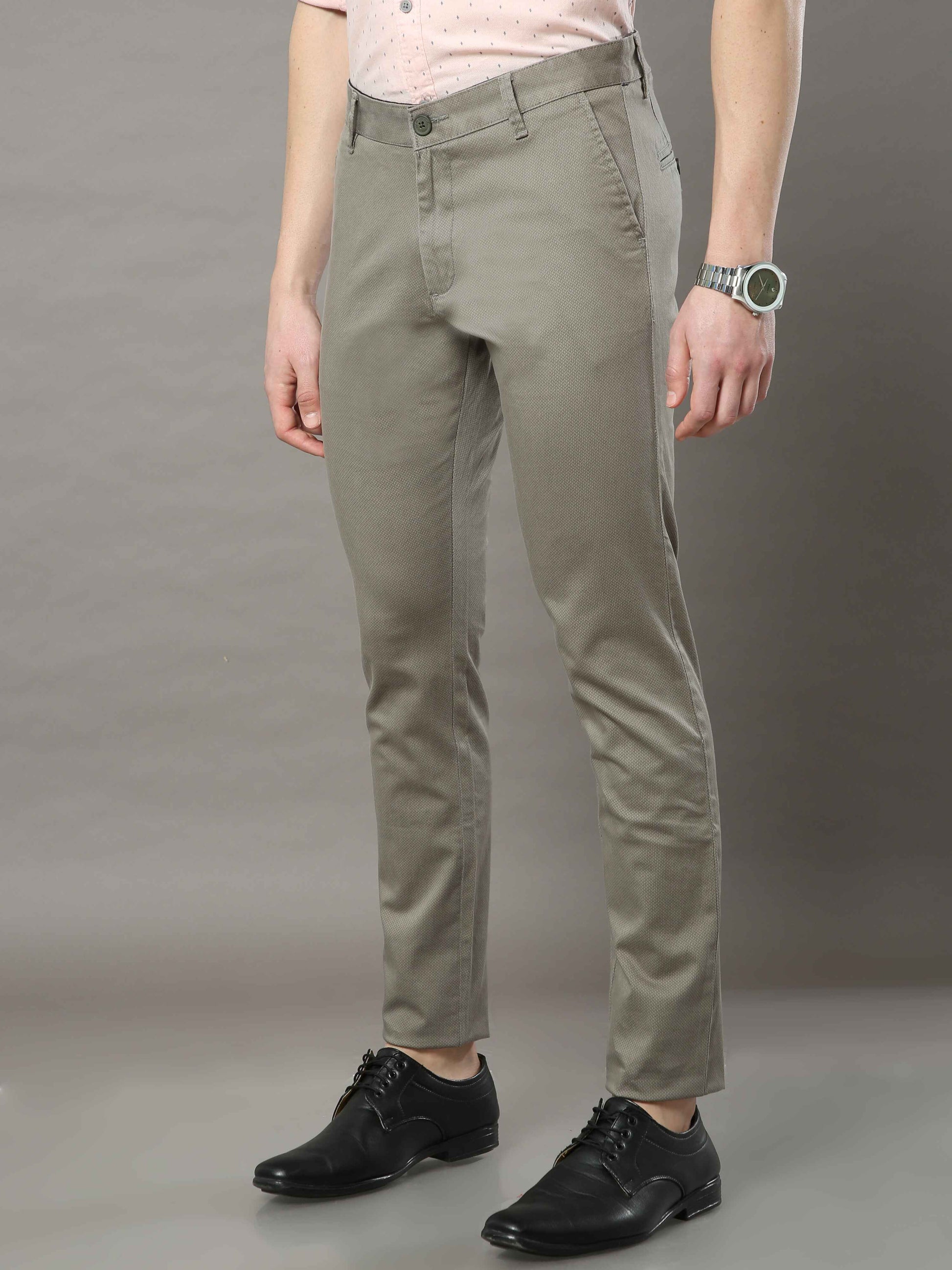 Men's Olive Narrow Fit Printed Casual Trousers
