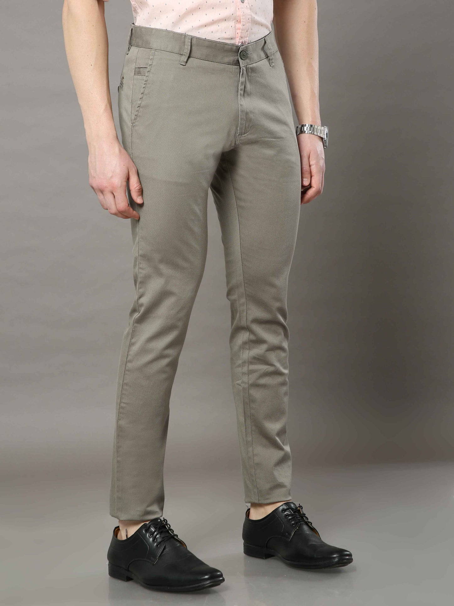 Men's Olive Narrow Fit Printed Casual Trousers