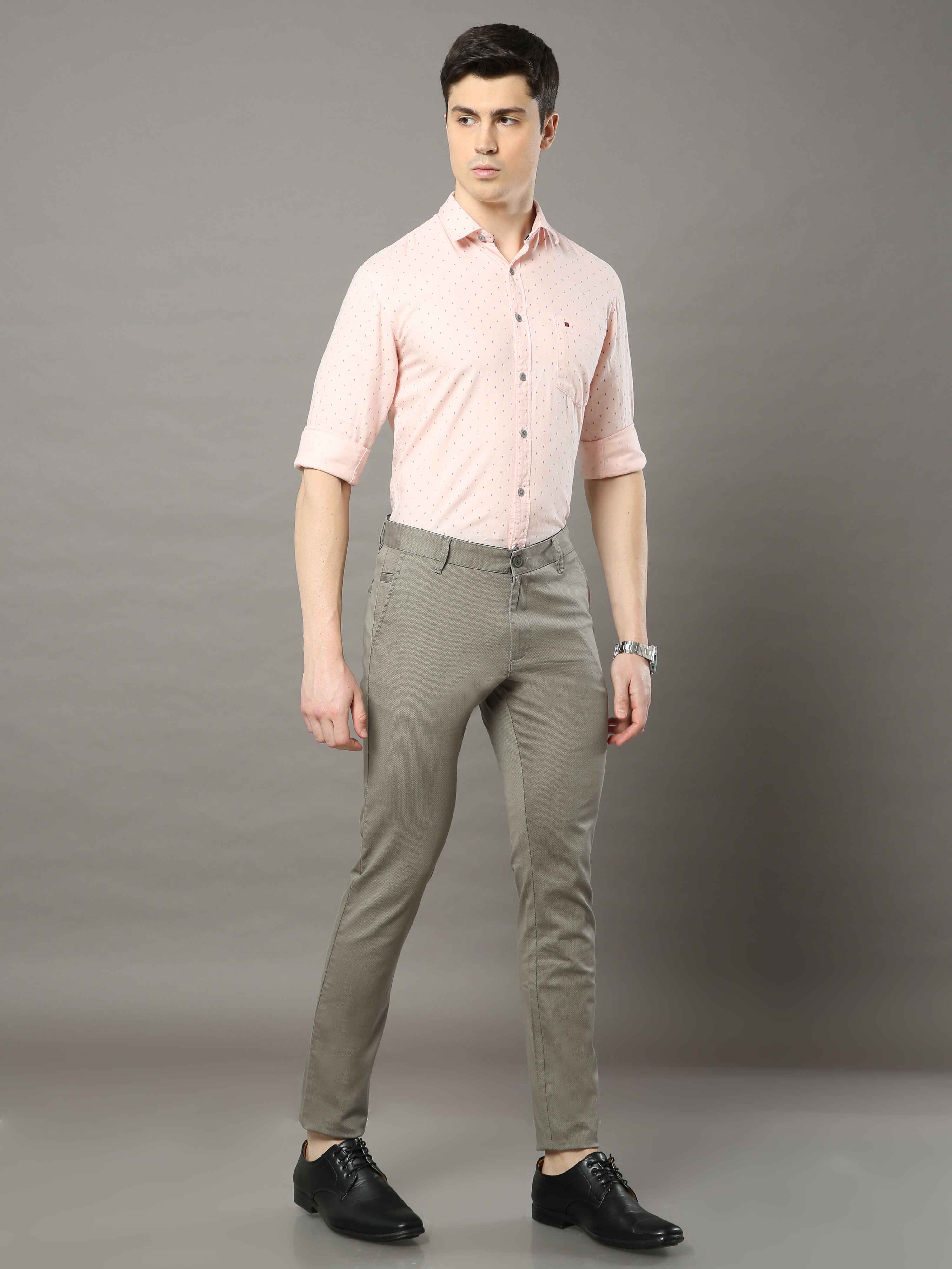 Men's Olive Narrow Fit Printed Casual Trousers