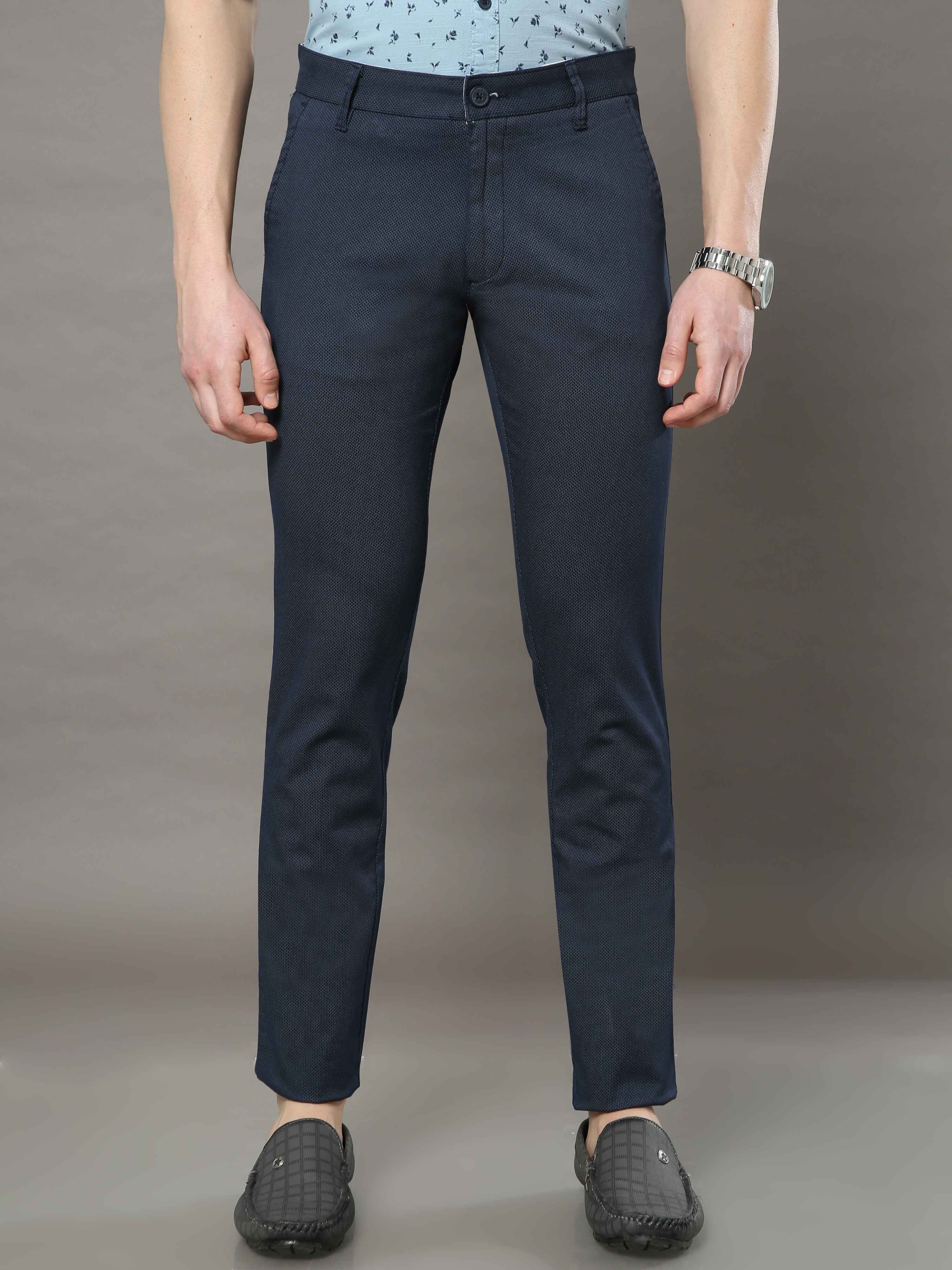 Men's Navy Narrow Fit Printed Casual Trousers
