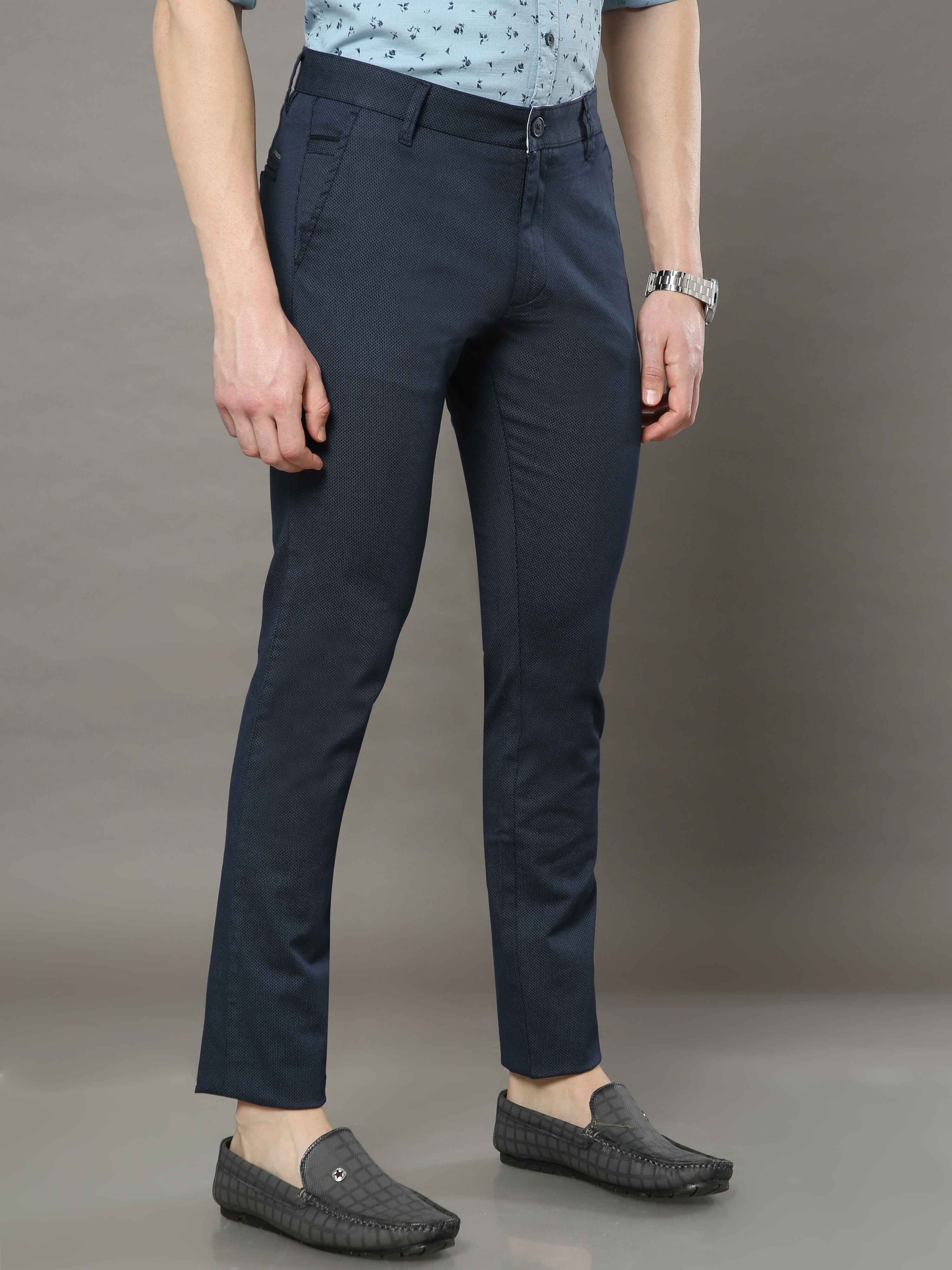 Men's Navy Narrow Fit Printed Casual Trousers