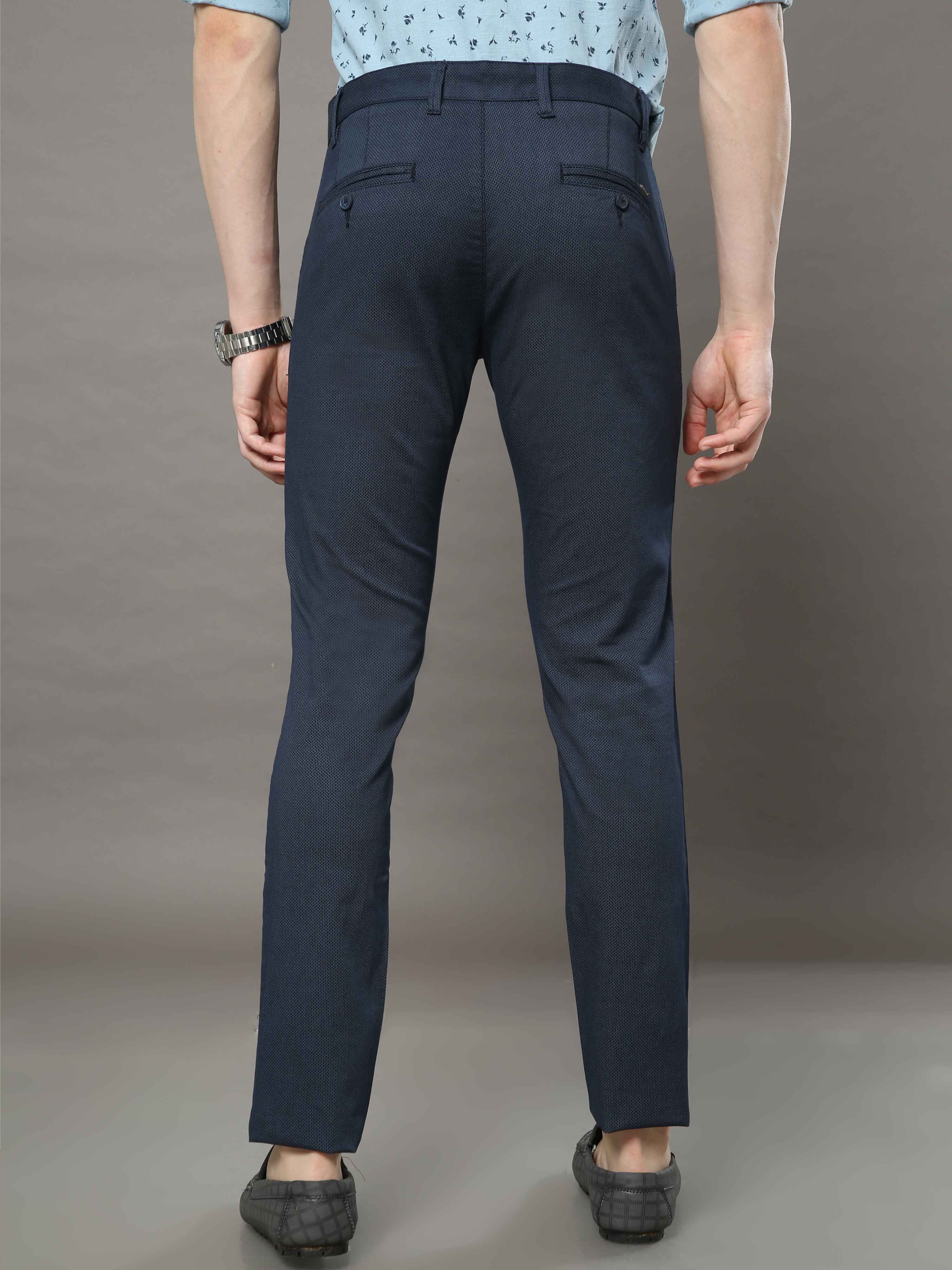 Men's Navy Narrow Fit Printed Casual Trousers