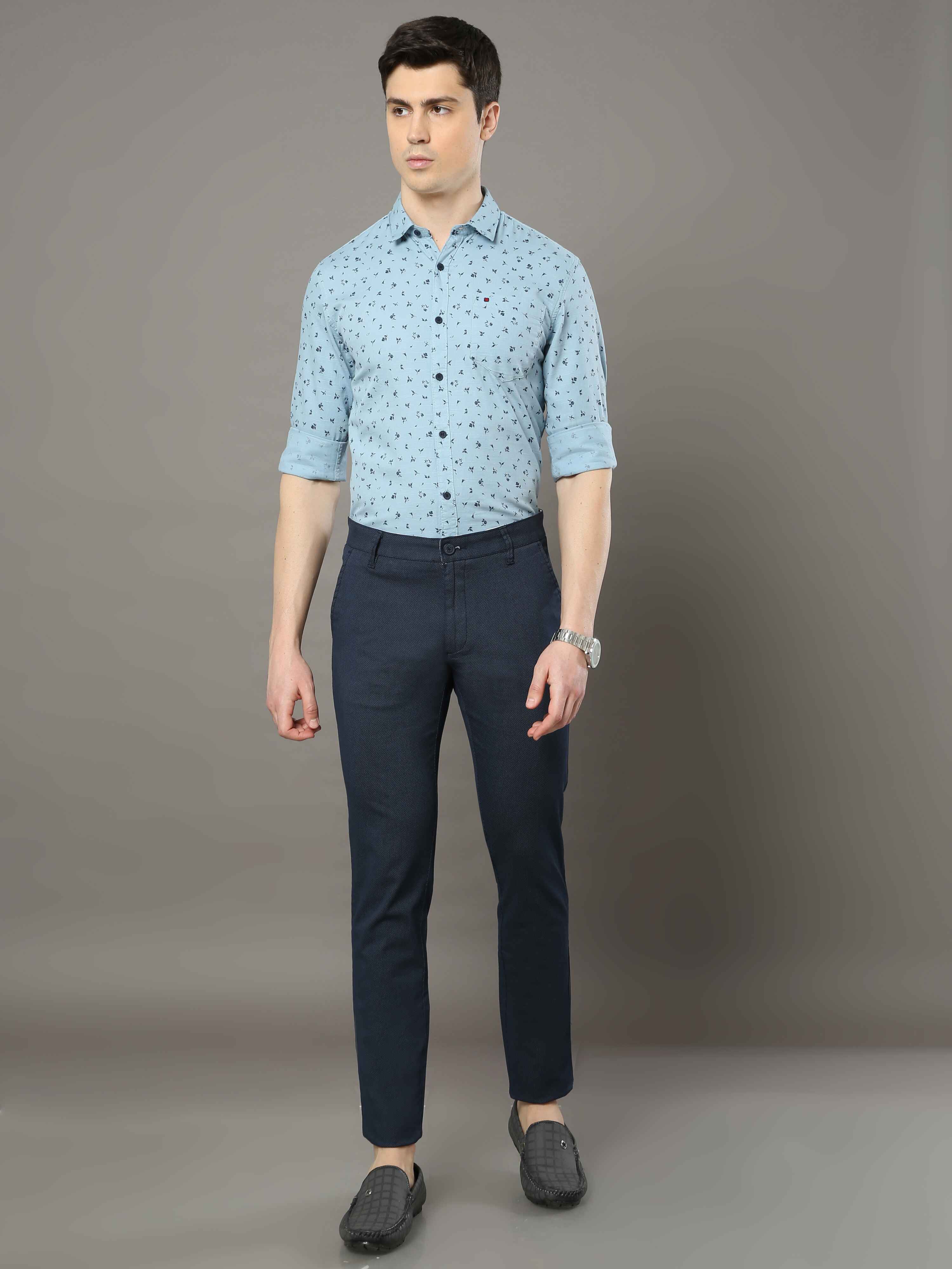 Men's Navy Narrow Fit Printed Casual Trousers