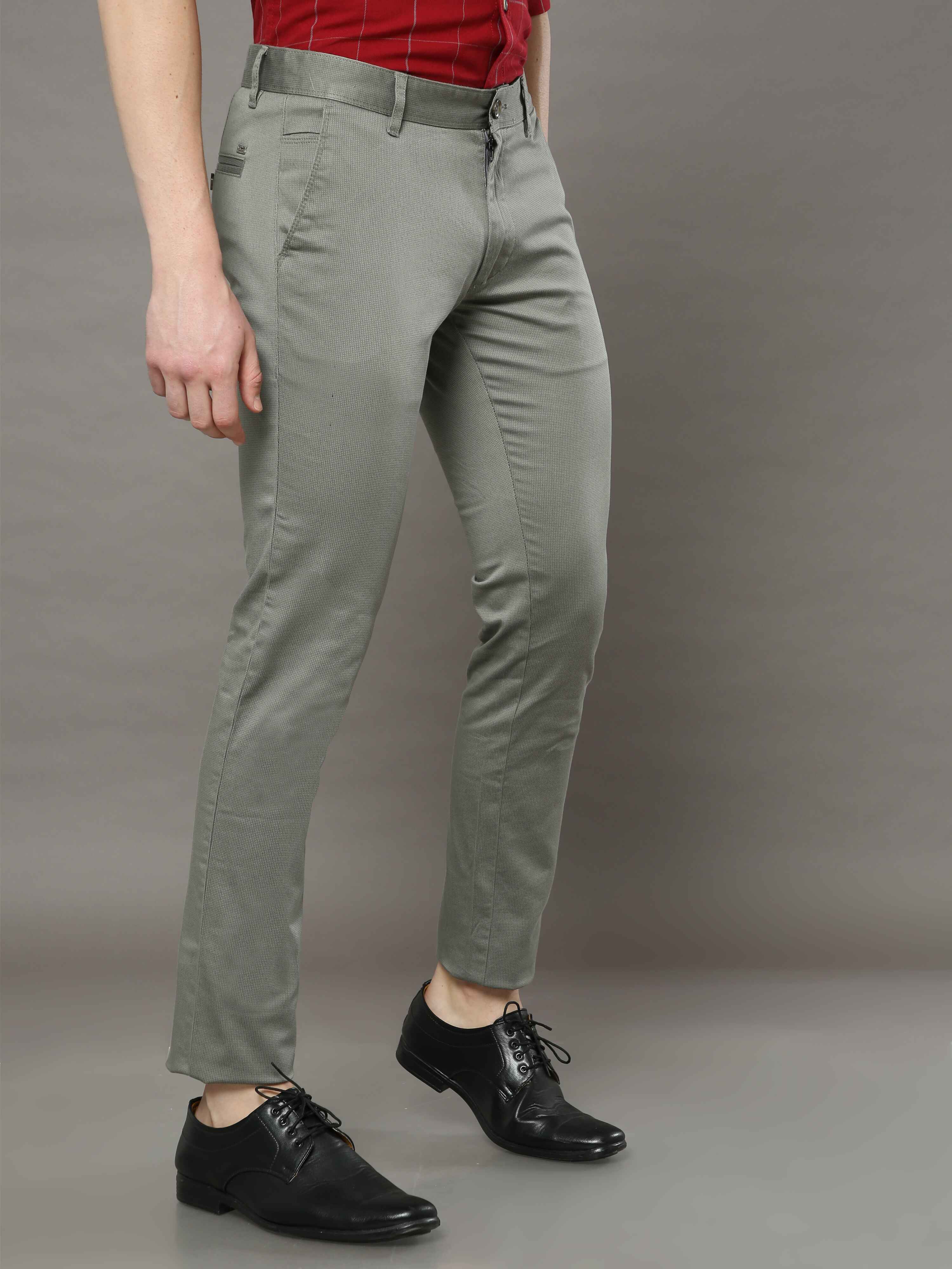 Men's Light Olive Narrow Fit Printed Casual Trousers