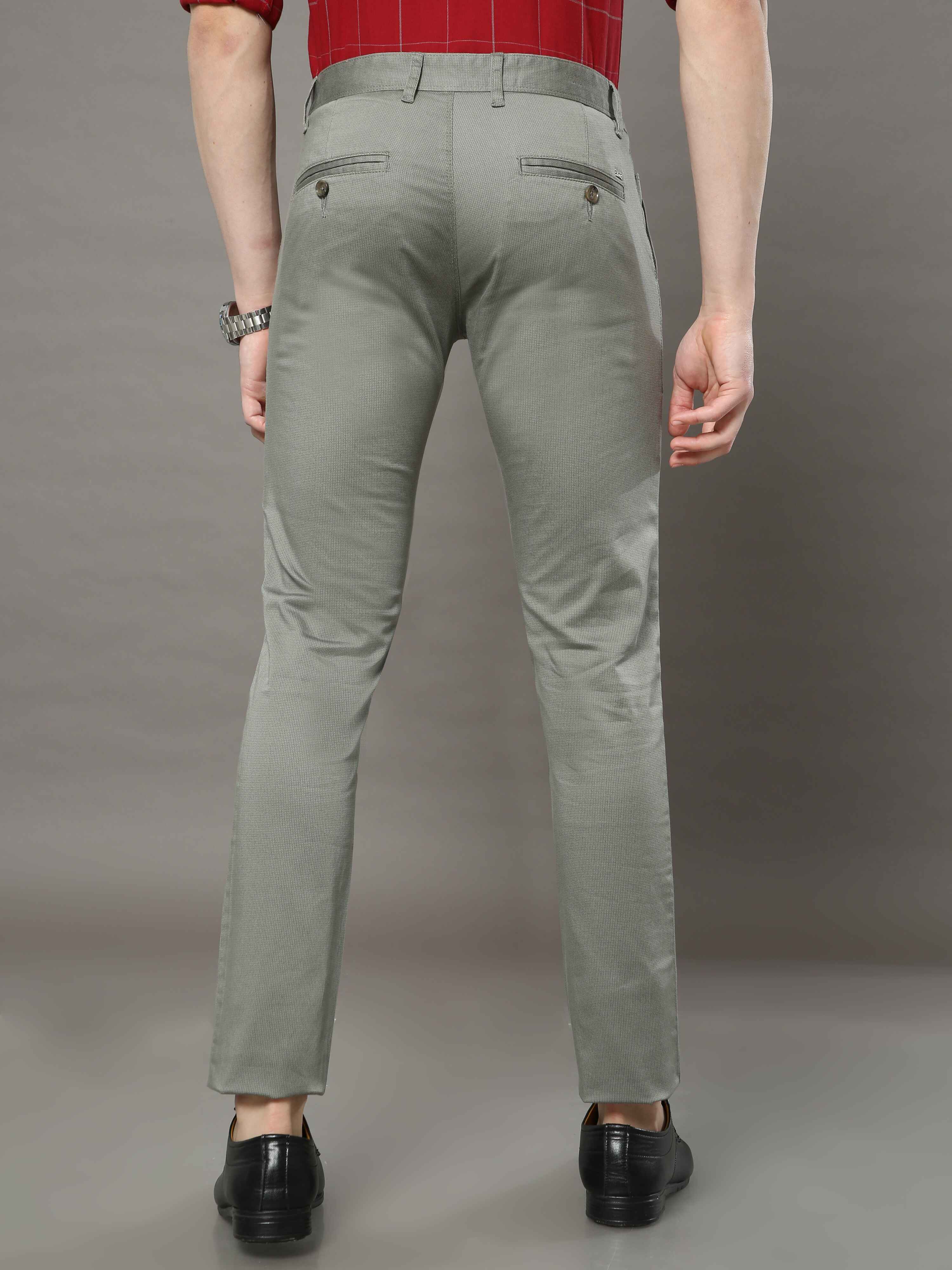 Men's Light Olive Narrow Fit Printed Casual Trousers