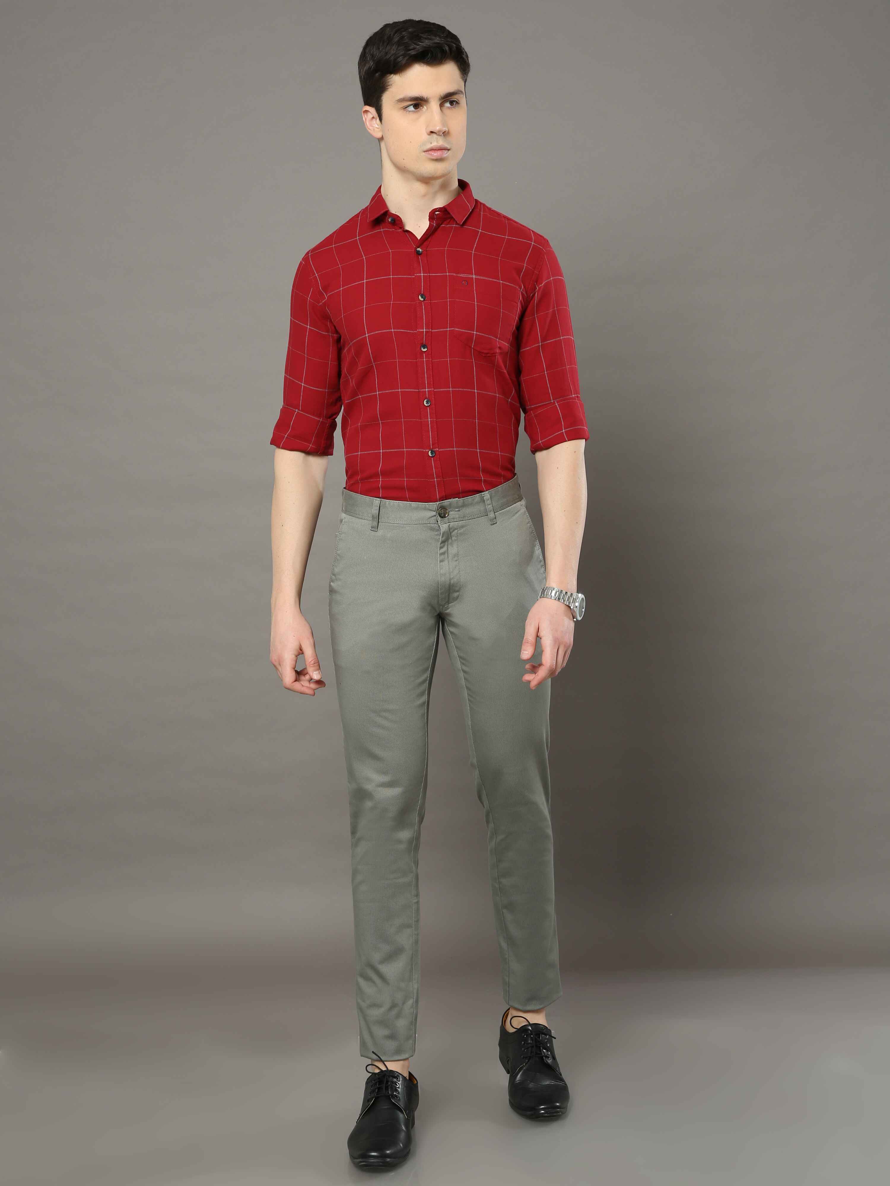 Men's Light Olive Narrow Fit Printed Casual Trousers