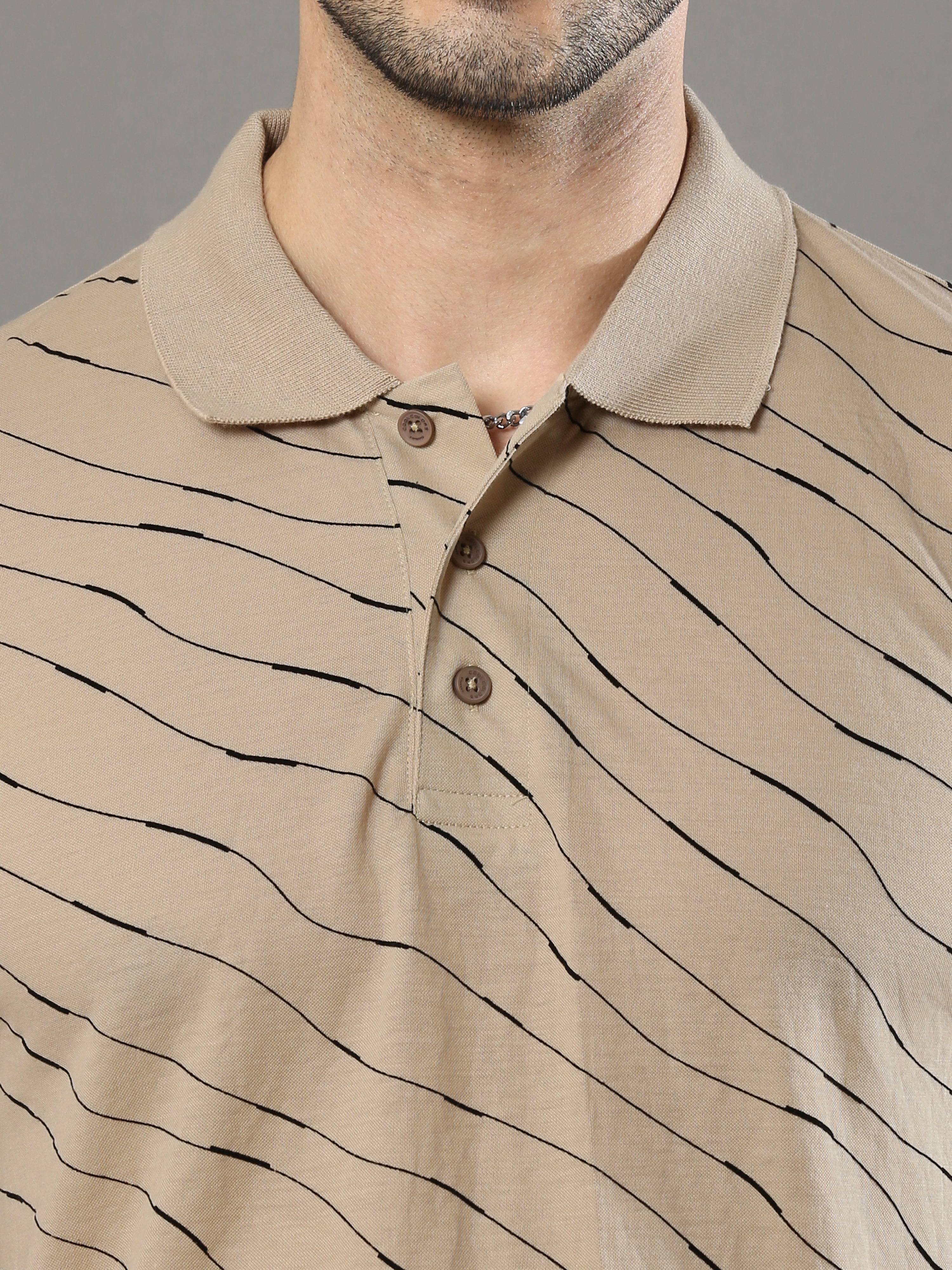 Men's Beige Regular Fit Printed Polo Neck Half Sleeves T-Shirt