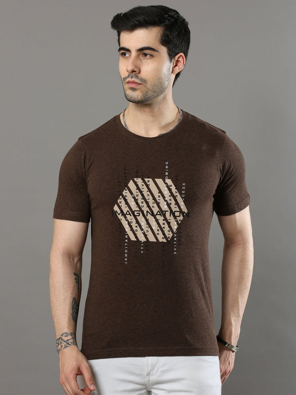 Men's Brown Regular Fit Printed Half Sleeves Crew Neck T-Shirt