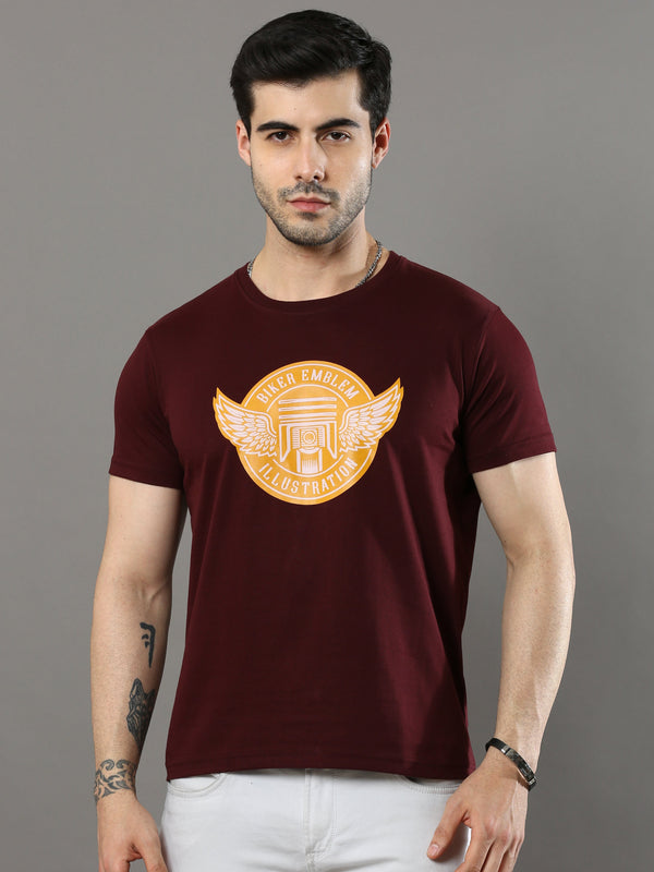 Men's Maroon Regular Fit Printed Half Sleeves Crew Neck T-Shirt