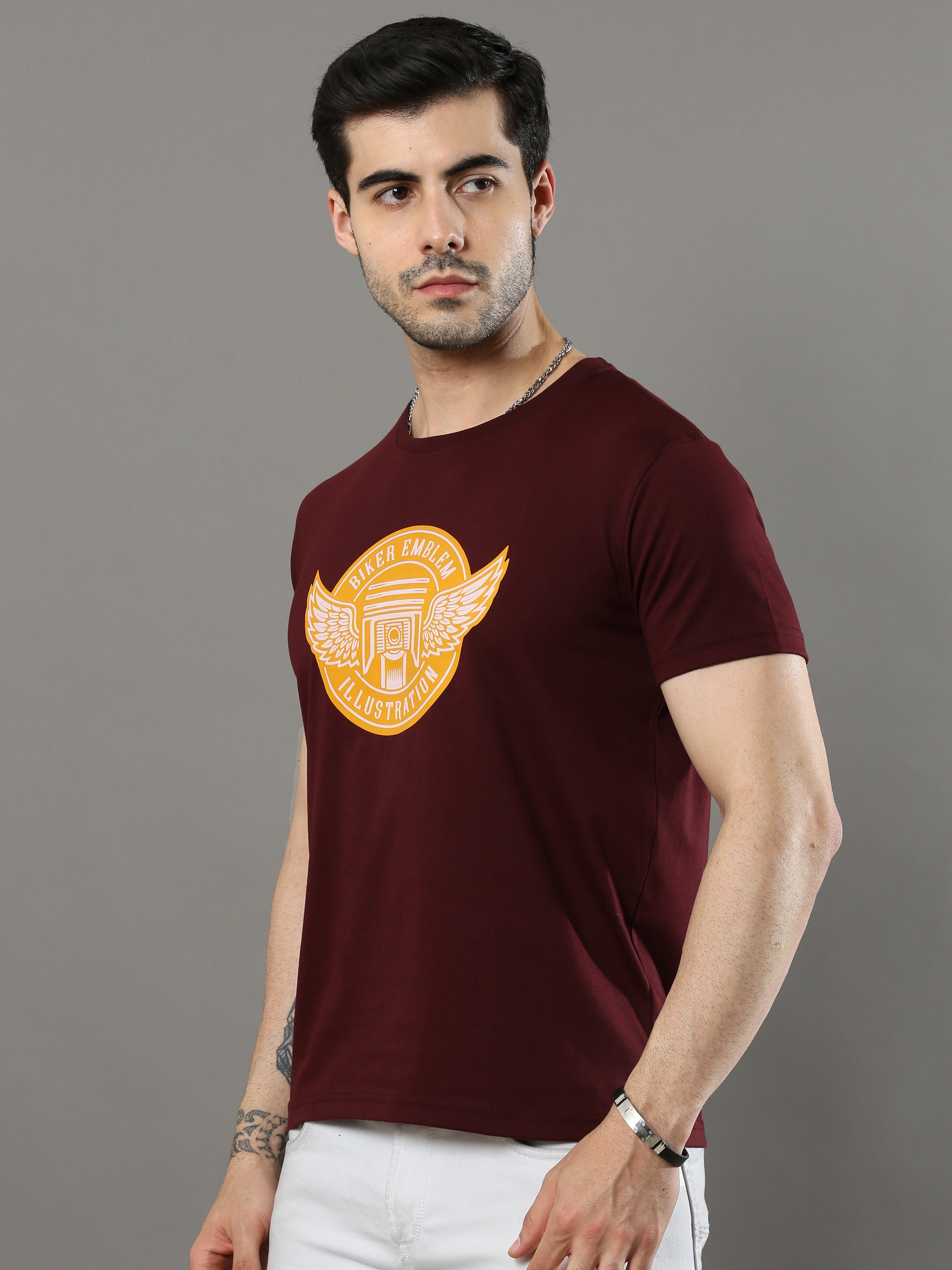 Men's Maroon Regular Fit Printed Half Sleeves Crew Neck T-Shirt