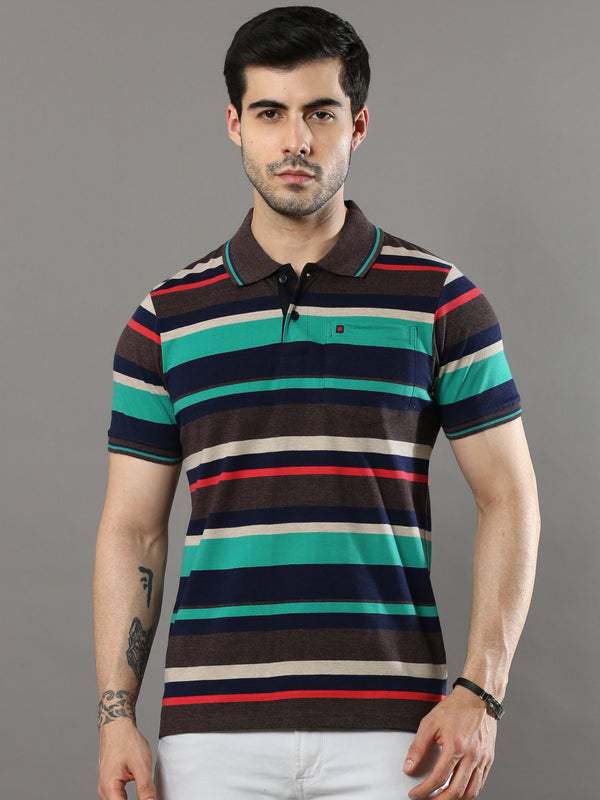 Men's Multicolors Regular Fit Stripe Half Sleeves Polo NeckT-Shirt