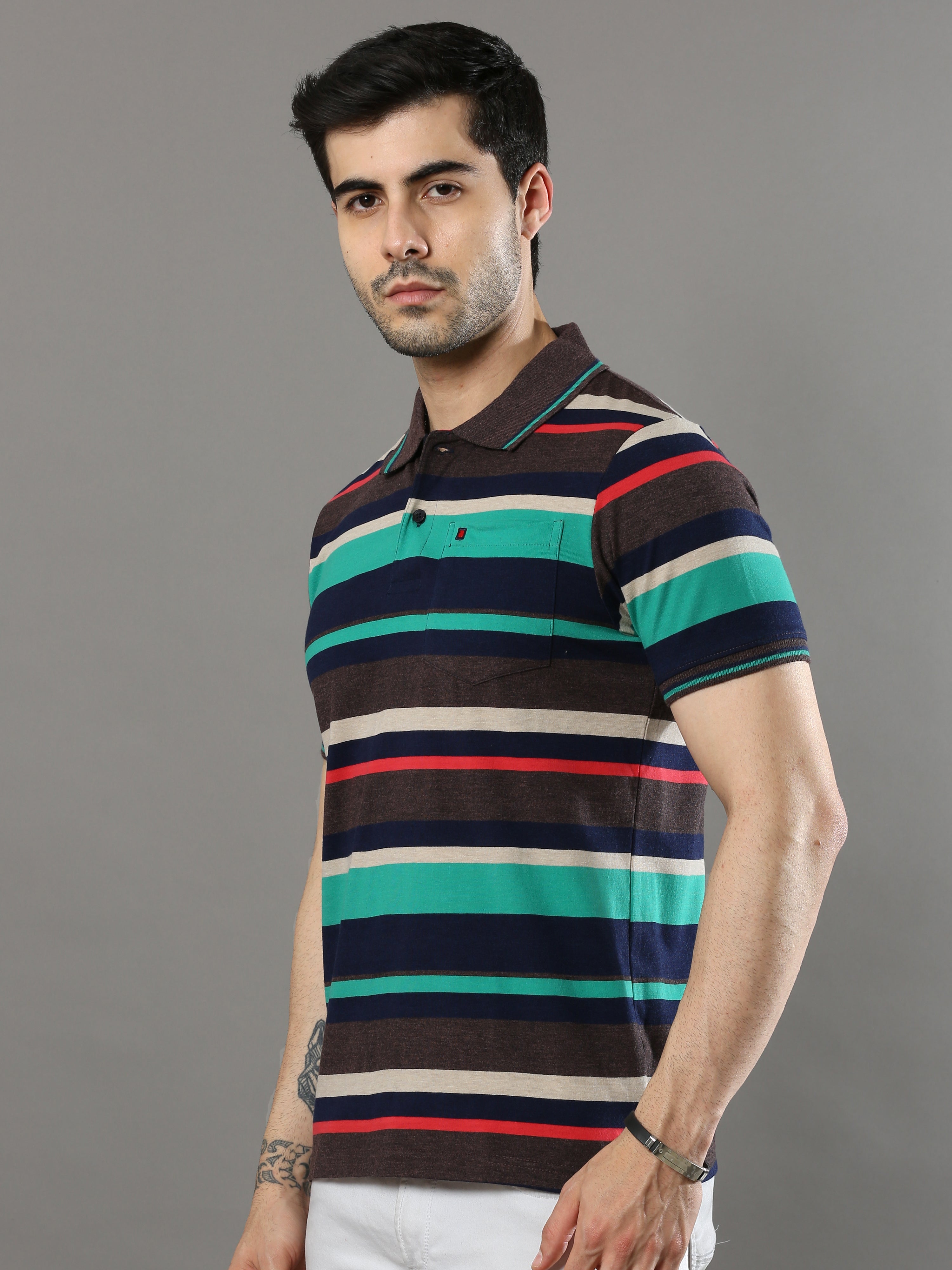 Men's Multicolors Regular Fit Stripe Half Sleeves Polo NeckT-Shirt