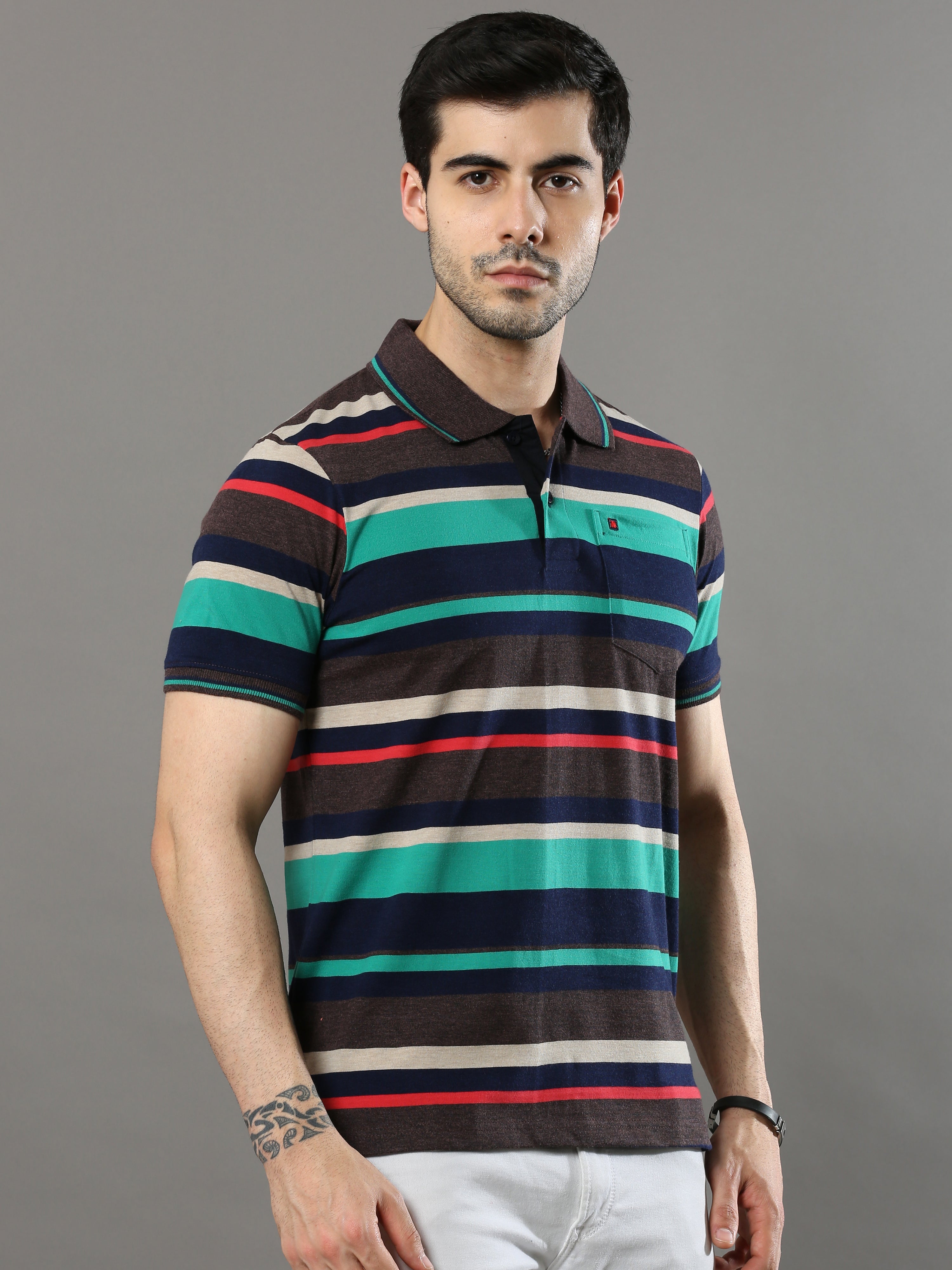 Men's Multicolors Regular Fit Stripe Half Sleeves Polo NeckT-Shirt