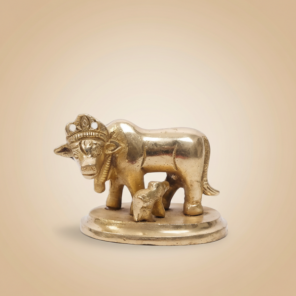 Classic Divine - Brass Kamdhenu Cow with Calf Idol - 4cm SUPER