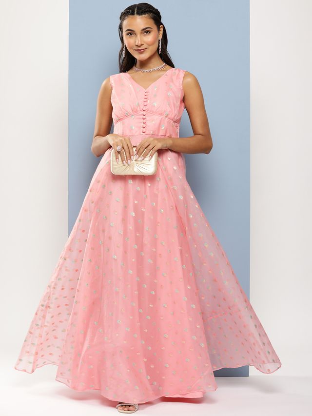 Bollywood Vogue Ready To Wear Pink Organza Jacquard Maxi Dress