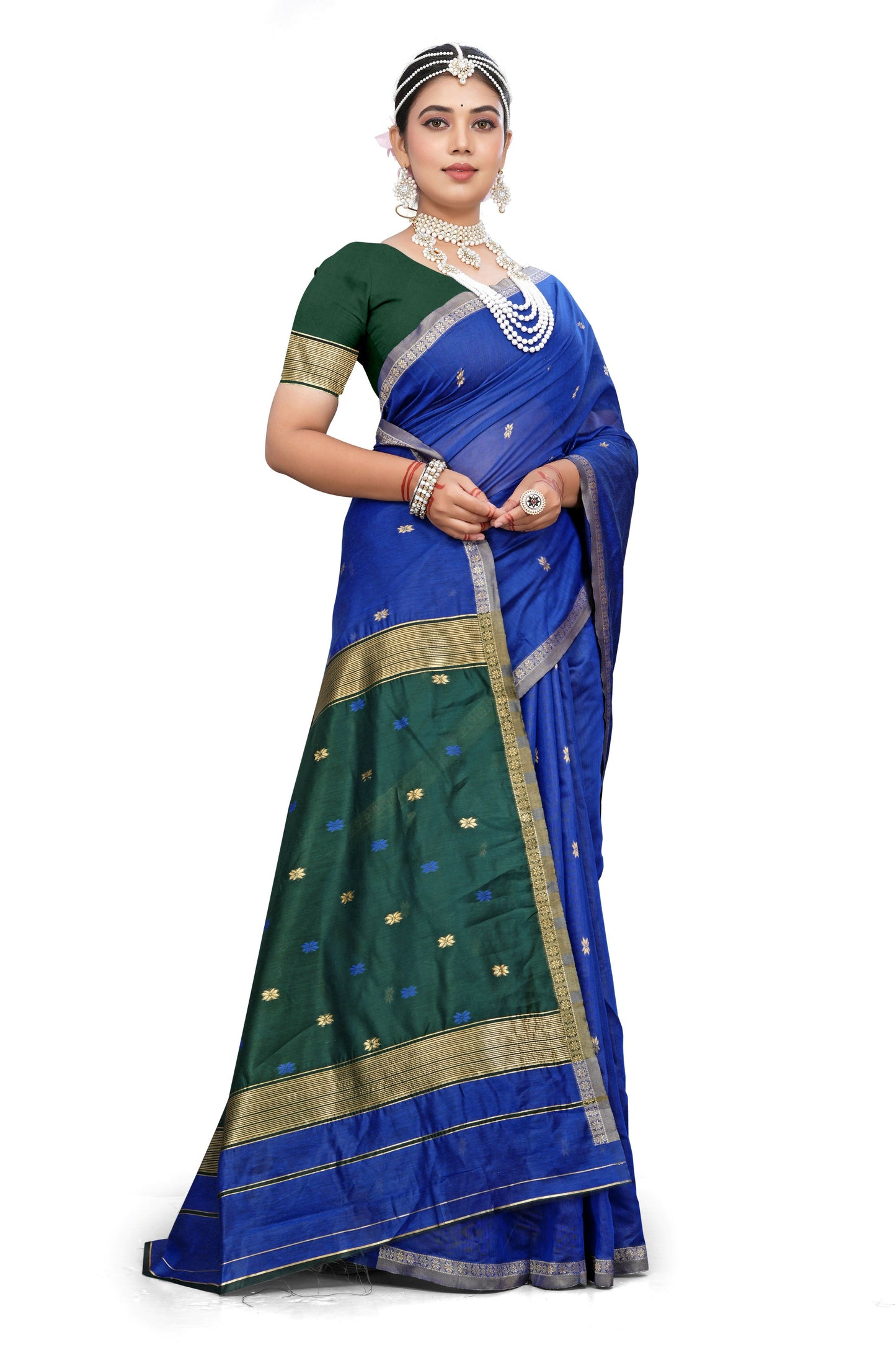 AXONIT Traditional Cotton Saree with Golden Zari Border – Festive & Pooja Wear