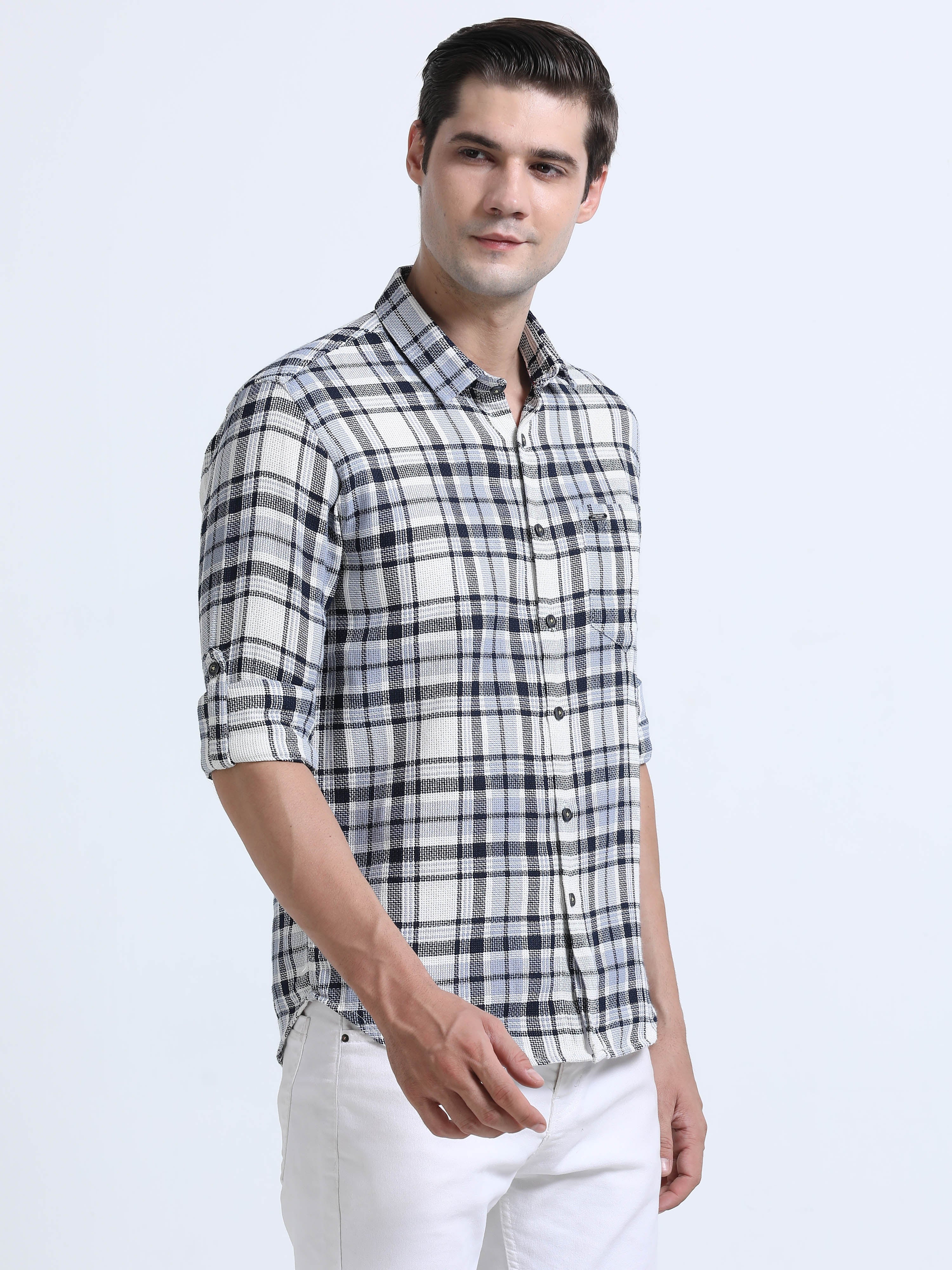 Men's Blue Slim Fit Checkered Full Sleeve Casual Shirt