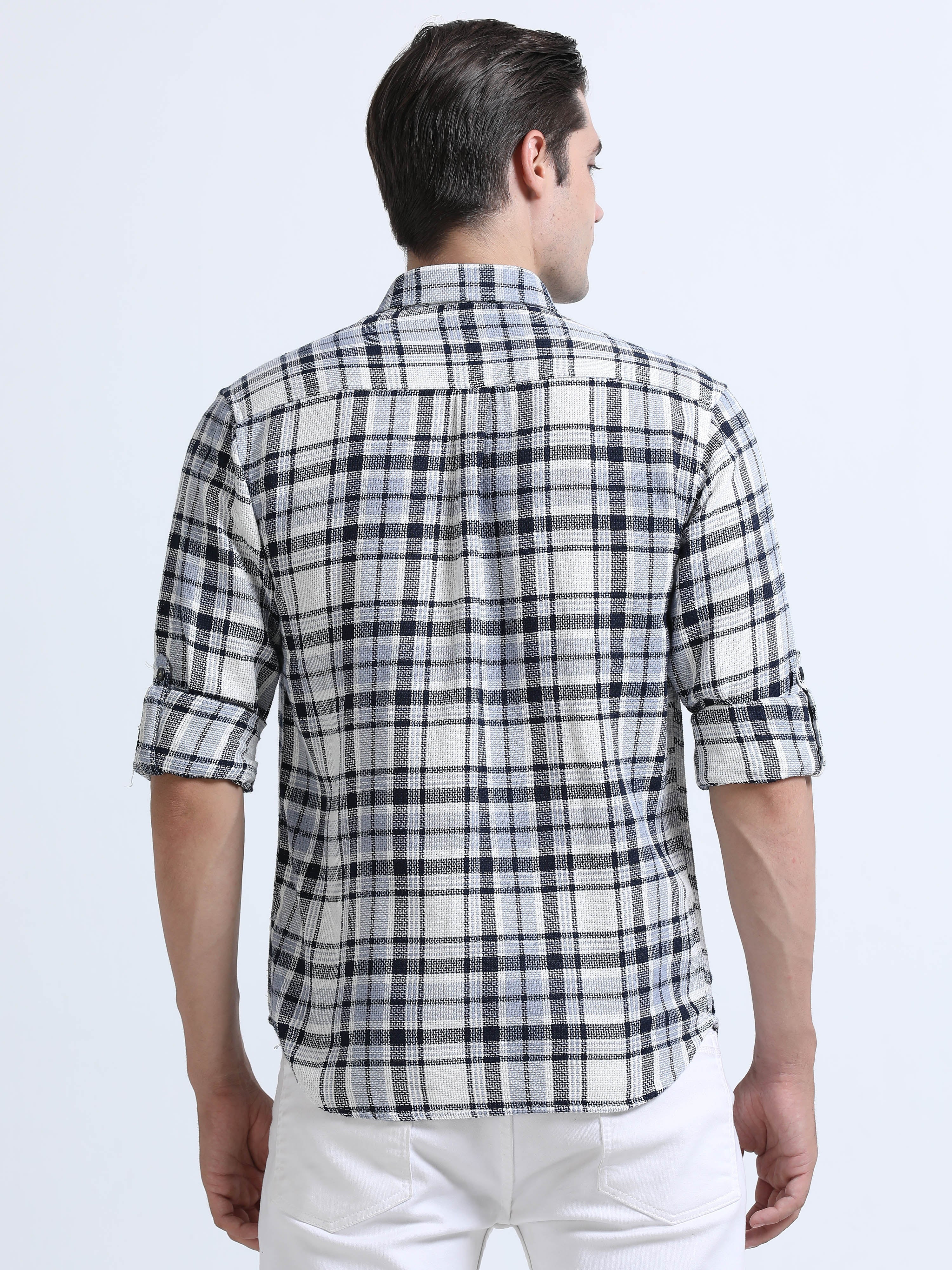 Men's Blue Slim Fit Checkered Full Sleeve Casual Shirt