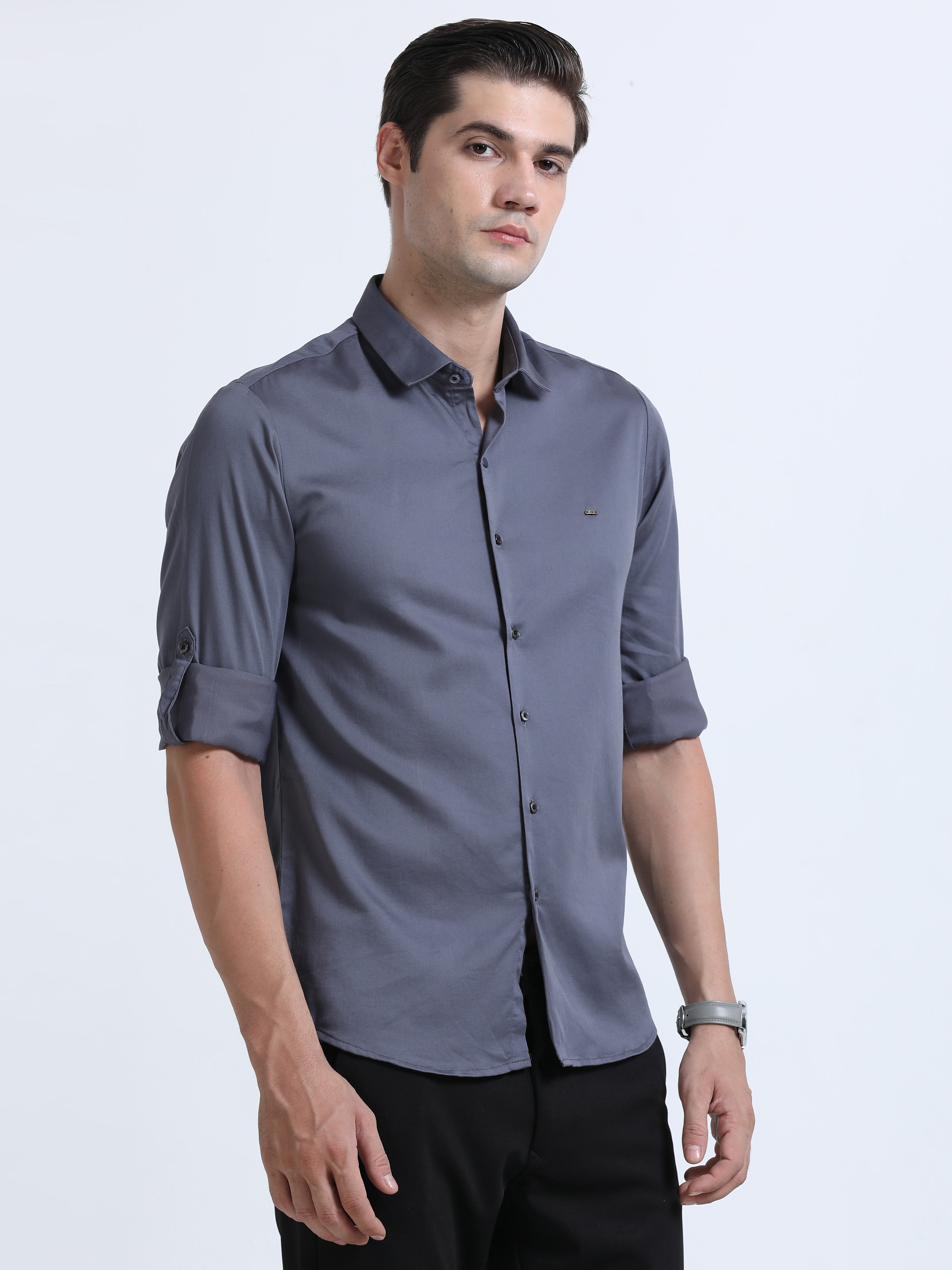 Men's Grey Slim Fit Solid Full Sleeve Satin Casual Shirt